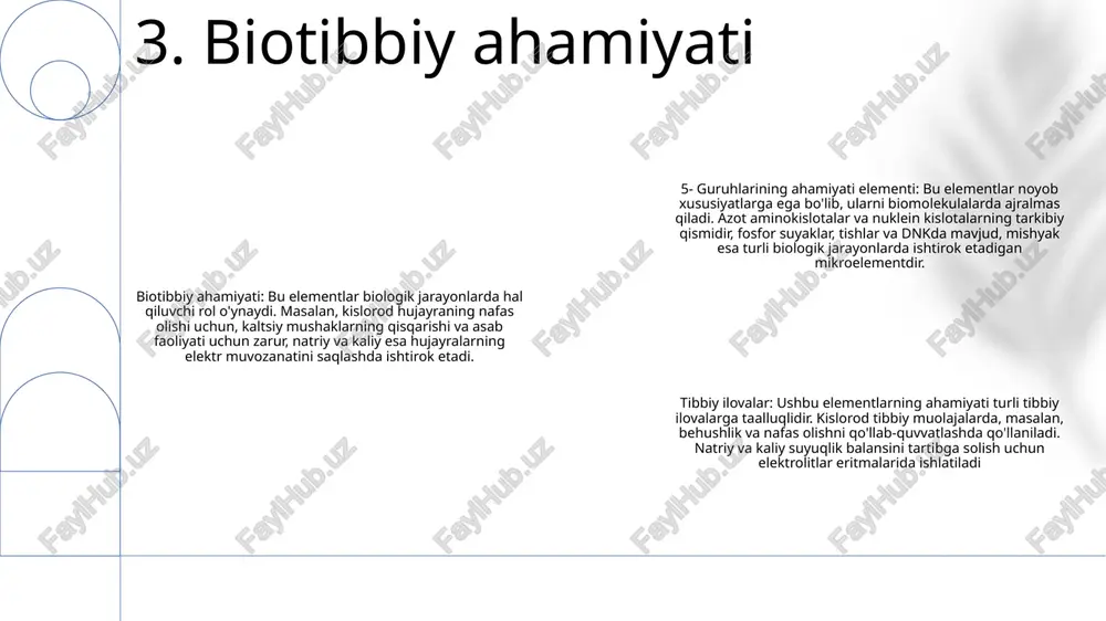 susiyatlari batareyalar, kondansatörler va boshqa energiya qurilmalarida yuqori energiya zichligi va samaradorligiga yordam beradi. 9. energiyani saqlash va konvertatsiya qilish medical imaging advancement 5-guruh elementlari rentgen nurlari va kompyuter tomografiyasi (kt) skanerlari kabi tibbiy tasvirlash usullarida hal qiluvchi rol o'ynaydi. ularning bariy va yod kabi og'ir elementlari kontrast moddalar bo'lib, muayyan organlar va to'qimalarning ko'rinishini kuchaytiradi. dori vositalarini etkazib berish tizimlari 5-guruh elementlari, xususan surma va mishyak, turli dori vositalarini etkazib berish tizimlarini ishlab chiqishda qo'llaniladi. ushbu elementlar dorilarning farmakokinetikasini va bioavailabilityni o'zgartirishga yordam beradi, ularning samaradorligini oshiradi va nojo'ya ta'sirlarni kamaytiradi. saratonni davolash vismut va oltin kabi ba'zi 5 guruhli elementlar o'smaga qarshi xususiyatlarni namoyish etadi. ular saratonni davolashda radiosensibilizator sifatida qo'llaniladi, bu radiatsiya davolash samaradorligini oshiradi. bundan tashqari, oltin nanozarrachalar maqsadli dori-darmonlarni etkazib berish va fototermal terapiyada va'da berdi. 10. farmatsevtik ilovalar hosildorlikni oshirishda 5-guruh elementlarining roliazot (n), fosfor (p), kaliy (k), kaltsiy (ca) va magniy (mg) o'simliklarning …