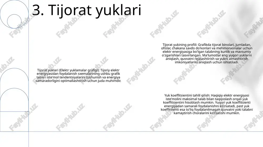 mal talabning o'rtacha talabga nisbati. elektr yuklamalar grafigi: vaqt o'tishi bilan tizimdagi elektr yukini ko'rsatadigan, talabning cho'qqilari va vodiylarini ko'rsatadigan grafik. maksimal talab: ma'lum bir davrda qayd etilgan elektr talabining eng yuqori darajasi. 11. talab omili turli xillik omili: elektr yukining haqiqiy talabi bir vaqtning o'zida ulangan barcha yuklarning yig'indisidan qanchalik kam ekanligini ko'rsatadigan o'lchov. elektr zaryadlari grafigi: bu elektr zaryadining ma'lum vaqt oralig'ida qanday o'zgarishini ko'rsatadigan grafik. ushbu grafik elektr tarmog'ining talab va quvvatini optimallashtirish uchun ishlatiladi. elektr bozorlari: elektr energiyasi sotib olinadigan va sotiladigan platformalar. elektr bozorlarining har xil turlari mavjud, masalan, ulgurji bozorlar va chakana bozorlar. 12. turli xillik omili yukni bashorat qilish: etarli va ishonchli ta'minotni ta'minlash uchun elektr energiyasiga bo'lgan talabni bashorat qilish. elektr yuklamalar grafigi: odatda rejalashtirish va resurslarni taqsimlash uchun foydalaniladigan ma'lum bir davr mobaynida kutilayotgan elektr energiyasi iste'molining grafik tasviri. foydalanish: yukni bashorat qilish ma'lumotlari elektr stantsiyasining ishlashi, yoqilg'i sotib olish va …