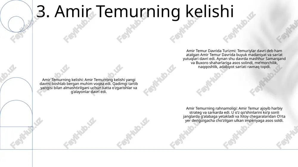 turizmi: viloyat dunyoning turli burchaklaridan sayyohlarni oʻziga tortadigan tarixiy joylar, madaniy meros va tabiiy moʻjizalarga ega. turizm barqaror amaliyotlarni ilgari surish bilan birga mahalliy iqtisodiyotga hissa qo'shishi mumkin. 3. ikkisining kesishishi: atrof-muhitni muhofaza qilish va turizmni muvozanatlash ekologik ta'sirni minimallashtirish, biologik xilma-xillikni muhofaza qilish va madaniy va tabiiy merosni saqlashni ta'minlash uchun mas'uliyatli rejalashtirish va boshqarishni talab qiladi. 10. atrof-muhitni muhofaza qilish daromadning ortishi: amir temur davri turizm mahalliy iqtisodiyot uchun daromadni oshirishga hissa qo'shdi. sayyohlik xarajatlari korxonalarni qo'llab-quvvatlaydi, ish o'rinlari yaratadi va mahalliy iqtisodiyotni oshiradi. ish o'rinlarini yaratish: turizm sanoati turar joy, mehmondo'stlik, transport va chakana savdo kabi turli sohalarda ish o'rinlarini yaratadi. “amir temur davri turizm” kompaniyasi yangi ish o‘rinlari yaratilishiga, mahalliy aholining bandligini ta’minlashga xizmat qilmoqda. infratuzilmani rivojlantirish: turizmni rivojlantirish ko'pincha yo'llar, aeroportlar va turar joy kabi infratuzilmaga sarmoya kiritishni talab qiladi. amir temur davri turizm infratuzilmaga sarmoya kiritilishini rag‘batlantirdi, bu nafaqat turizm sohasiga foyda keltirdi, balki …