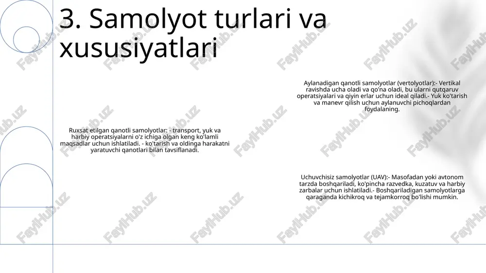 shaharda havo harakatchanligi (uam) va shaxsiy havo transporti kuchayib bormoqda, bu esa cheklangan joylarda vtol operatsiyalarini amalga oshirish orqali shaharlardagi ulanishni oshirish va tirbandlikni kamaytirish imkonini beradi. 9. havo transportida kelajak tendentsiyalari e'tiboringiz uchun rahmat @taqdimot_robot image1.png /docprops/thumbnail.jpeg