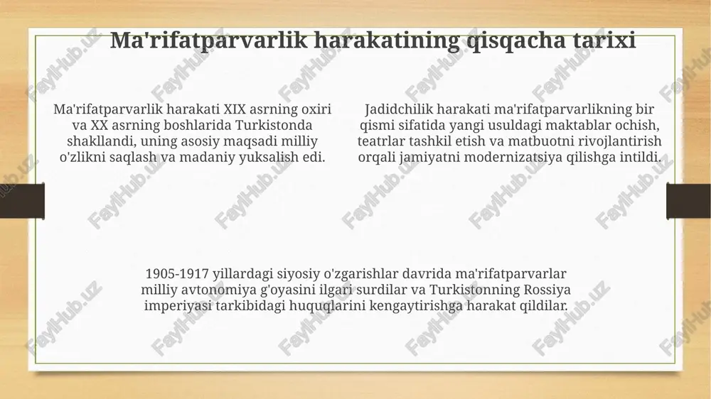 fors tillaridan olingan 500 dan ortiq eskirgan so'zlarning o'rniga yangi o'zbekcha so'zlarni kiritishga intildilar. ular 19-asr oxiri va 20-asr boshlarida o'zbek tilida so'zlashuv va yozma nutqning 1000 dan ortiq so'zini o'z ichiga olgan bir nechta lug'at tuzdilar. o'zbek alifbosini isloh qilish bo'yicha urinishlar 1930-yillarda lotin alifbosidan kirill alifbosiga oʻtish davrida ham alifboni isloh qilish boʻyicha bahslar davom etdi, chunki kirill alifbosi ham oʻzbek tiliga toʻliq mos emas edi. 1920-yillarda jadidlar arab alifbosini isloh qilishga urinib, har bir tovush uchun alohida harflar yaratishni taklif qildilar, bu esa oʻqishni osonlashtirishi kerak edi. 1929-yilda lotin alifbosiga oʻtish bilan birga, dastlabki urinishlar muvaffaqiyatsiz deb topildi, chunki arab alifbosining ayrim harflari oʻzbek tilining tovushlarini toʻliq ifodalay olmas edi. ma'rifatparvarlarning lingvistik merosining ahamiyati va ta'siri ma'rifatparvarlar o'zbek tilining lug'at boyligini oshirishga katta hissa qo'shdilar, 200 dan ortiq yangi atamalar va iboralar yaratdilar, bu tilning moslashuvchanligini ta'minladi. ular o'zbek adabiy tilining rivojlanishiga ta'sir ko'rsatib, 19-asr oxiri va …