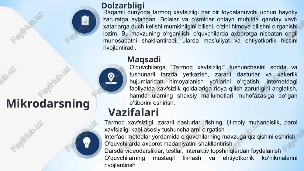h topshiriqlarida 2–3 ta xatoga yo‘l qo‘ygan bo‘lsa - 4 ball topshiriqlarni qisman bajargan yoki ko‘mak bilan bajargan bo’lsa - 2 ball 6 ball uyga vazifalarni bajarishi: uyga vazifani to’liq va xatolarsiz bajargan bo’lsa – 4 ball uyga vazifani bajargan, ammo kamchiliklar mavjud bo‘lsa – 3 ball vazifani qisman bajargan, xatoliklar ko’p bo’lsa – 2 ball vazifani deyarli bajarmagan bo’lsa – 1 ball vazifani umuman bajarmagan bo’lsa – 0 ball 4 ball jami: 10 ball xulosa ushbu dars davomida o‘quvchilar internet tarmoqlarida xavfsizlikni ta’minlashning asosiy qoidalari bilan tanishdilar. ular shaxsiy ma’lumotlarni himoyalash, kuchli parol yaratish, zararli dasturlar (viruslar, fishing, spyware)dan ehtiyot bo‘lish, xavfsiz veb-saytlardan foydalanish kabi muhim jihatlarni amaliy misollar asosida o‘rgandilar. dars interaktiv metodlar asosida tashkil etildi: muhokamalar, guruhli ishlash, testlar va real hayotiy vaziyatlarga asoslangan fishinglarni ko’rsatish orqali o‘quvchilar mavzuni chuqurroq anglab yetdilar. guruhlarda ishlash orqali ularning tanqidiy fikrlash, muloqot, jamoaviy qaror qabul qilish va axborot xavfsizligi borasidagi …