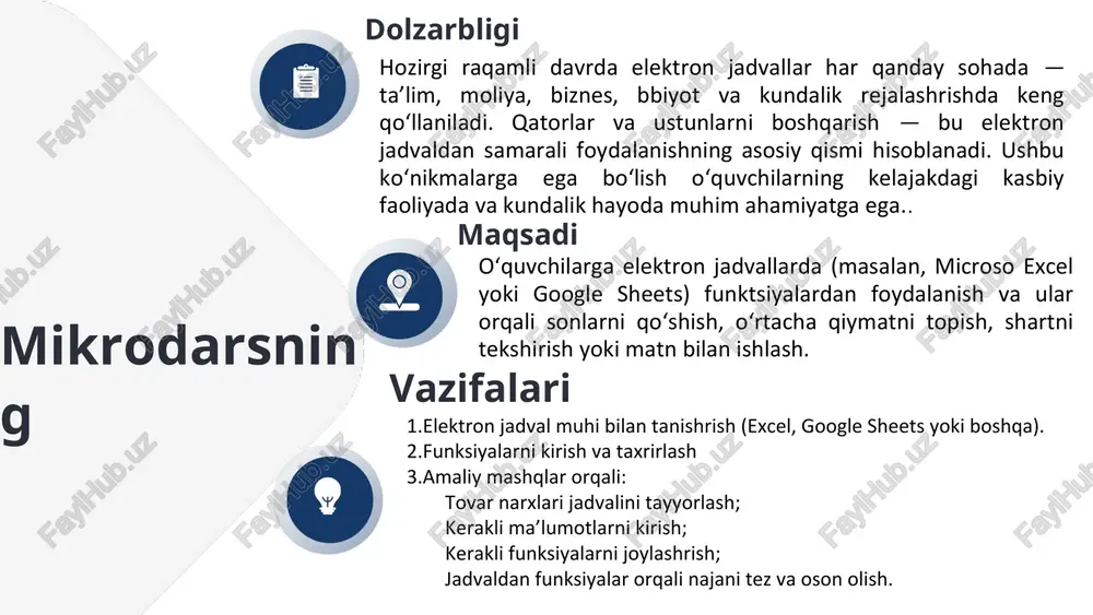 i bo‘lgan qatorni belgilang. glavnaya → yacheyki → udalit → udalit stroki na liste ni tanlang. 5. katakchalarni birlashtirish (ob'edinit yacheyki) bir nechta katakchalarni belgilang. glavnaya → viravnivanie → ob'edinit i pomestit v tsentre (merge & center) ni bosing. mavzu: ms excelda funksiyalardan foydalanish darsning maqsadi 🎯 bilim: excelda funksiyalarni tushunish. ko‘nikma: asosiy funksiyalarni yozish va qo‘llash. 💪 malaka: jadvalda amaliy natija chiqarish. asosiy funksiyalar 1️⃣ =sum() — yig‘indi topish 2️⃣ =average() — o‘rtacha qiymat 3️⃣ =min() / =max() — eng arzon va eng qimmat tovar 4️⃣ =if() — shartli hisoblash 💡 eslatma: funksiyalar argumentlari qavs ichida yoziladi. funksiya tushunchasi 📘 funksiya — excelda hisob-kitobni avtomatik bajaruvchi buyruq. ✅ har bir funksiya '=' belgisi bilan boshlanadi. misollar: • =sum(a1:a5) • =average(b1:b5) • =min(c1:c5) • =max(c1:c5) • =if(d1>100000,"qimmat","arzon") amaliy misol: tovar narxlari jadvali baholash va uyga vazifa uyga vazifa: o‘zingizning jadvalingizni tuzing va 5 xil funksiyadan foydalaning. izohlar ballar darsda ishtiroki: …