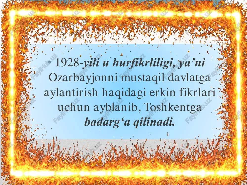 zo ulug`bek” fojiasida qatnashuvchilar haqidagi ma’lumotlarni yig`ing. bilimingizni sinang! • 1. “jaloliddin manguberdi” dramasida qanday voqealar tasvirlangan? • 2 jaloliddin manguberdi siymosini sahnada qaysi aktyor gavdalantirgan? • 3. maqsud shayxzodaning tarjimonlik faoliyati? • 4. “mirzo ulug’bek” tragediyasi qachon yozilgan va kimning qalamiga mansub • 5. mirzo ulug’bek “ziji ko’ragoniy”ning so’zboshisida kimni “farzandi arjumand” • 6. “mirzo ulug’bek” dramasi asosida yaratilgan kinofilm va uning rejissori? • 7. piri zindoniyning asl ismi? • 8. “mirzo ulug’bek”tragediyasida “o’g’illardan yalchimagan, benasib padar, o’z shogirdin o’g’il deya topar tasalli” deb kim aytadi? • 9. “mirzo ulug’bek” tragediyasida ulug’bek kimni “chotqol shunqori” deb ataydi? • 10. alisher navoiyning “majolis un-nafois” asarining sakkizinchi majlisi kimga bag’ishlangan? e’tiboringizdan xursandmiz!