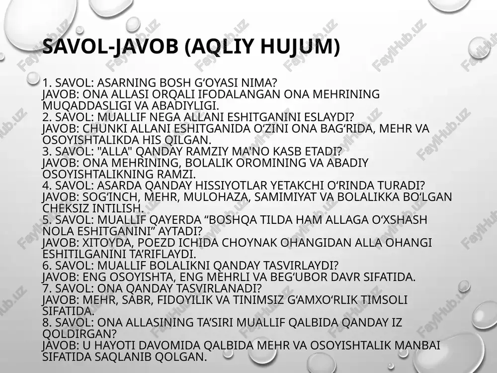 qilish. ushbu metodda to‘g‘ri va xato fikrlar aralash tarzda yozilgan bo‘ladi. doskada ikkita listda guruh ajratib yozilgan , ya’ni true and false shaklida bittadan o‘quvchi doskaga chiqib bajaradi va rag‘batlantirib boriladi rasmga aylantir! gilam paypoq kiygan ona; beshik tebratayotgan sibirlik juvon sovg‘a olgan bolalar gul bilan qoplangan qabr orom olayotgan go‘dak bingo alla iltijo ona gilam paypoq qarz qabr kitob hoji buvi velosiped oq marmar, qora marmar go‘rkov qirg‘iz ayol ushbu metodda doskada 12 ta so‘z yozilgan. o‘quvchilar bu so‘zlarni daftarlariga jadval tarzida joylashtirishadi. o‘qituvchi ma’lumot berganda qaysi so‘z ekanligini topib o‘chirishi lozim. o‘chirilgan so‘zlar soni 3 ta bo‘lishi kerak. birinchi bingo degan o‘quvchi baholanadi. image3.png image4.png image5.png image1.png