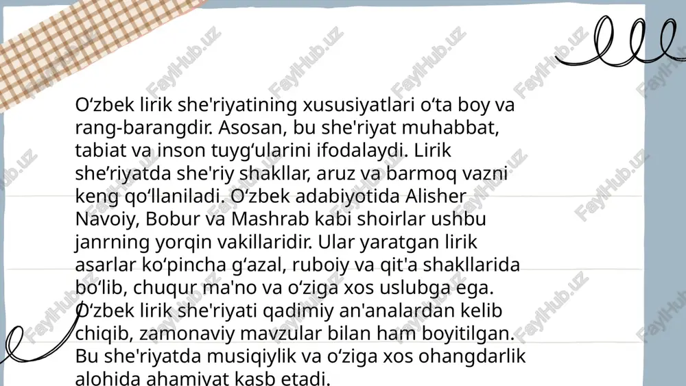 tlarga mavzu boʻlib kelmoqda. uning ijodi ijodiy soddalik va chuqur ma’nolar uygʻunligi bilan ajralib turadi. muhammad yusufning ijodi oʻzbek adabiy merosining muhim qismini tashkil etadi. ... t.me/slaydai_bot she'riyat va milliy oʻzlik mavzusi oʻzbekiston adabiyotida muhim ahamiyatga ega. milliy oʻzlikni anglash jarayoni she’riyatda xalqning tarixi, madaniyati va an’analari bilan chambarchas bog‘liqdir. oʻzbek she’riyati oʻziga xosligi va boyligi bilan ajralib turadi. 20-asr boshlarida abdulla qodiriy, cho‘lpon kabi adiblar milliy uyg‘onish va milliy oʻzlikni anglashda muhim rol o‘ynagan. 21-asrda esa iqbol mirzo, usmon azim kabi shoirlar bu merosni davom ettirishmoqda. davrlar o‘tgani sari she’riyat o‘zbek xalqining milliy oʻzligini saqlash va rivojlantirishda barqaror vosita bo‘lib qolmoqda, zamonaviy shoirlar esa bu yo‘nalishni davom ettirmoqda. ... t.me/slaydai_bot timsollar sanʼat va madaniyatda keng qo‘llaniladi. ularning asosiy vazifasi taʼlim va tarbiya berishga qaratilgan. masalan, qush timsoli erkinlik va orzularni ifodalaydi. shuningdek, suv hayot va poklikni anglatadi. timsollar asrlar davomida xalqning urf-odat va anʼanalarida o‘z aksini topgan. ular ko‘pincha …