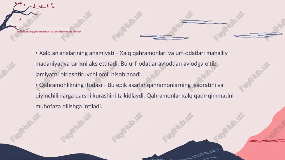 nada chuqurroq tushunamiz • qahramonning maqsadlari - alpomish dostonida qahramon o'zining maqsad va intilishlarini ko'rsatadi. u qahramonlikni yuksak darajada ifodalaydi. • samarali kurash - alpomish o'z maqsadlariga erishish uchun ko'plab qiyinchiliklarni yengib o'tadi. bu uning kuch va qat'iyatini namoyon etadi. • motivatsiya va ruhiy kuch - qahramonning maqsadlari uning ichki motivatsiyasini oshiradi. u yovuzlikka qarshi kurashishda o'zining jasoratini namoyish etadi. • erishilgan yutuqlar - alpomishning intilishlari nafaqat shaxsiy, balki jamiyat uchun ham ahamiyatlidir. u qahramon sifatida o'z xalqining umidlarini ro'yobga chiqaradi. alpomish dostonida qahramonning maqsad va intilishlari ko'rsatiladi • madaniy meros - dostonlar xalqning madaniy merosidir. ular tarixiy voqealarni, an'analarni va qadriyatlarni saqlaydi. • axloqiy ta'lim - dostonlar axloqiy va etik qadriyatlarni o'z ichiga oladi. ular insonlarni yaxshi xulq-atvor tomonga yo'naltiradi. dostonni o'rganish kelajak avlodlar uchun muhim ahamiyatga ega • liro-epik asarlar bilan ishlash("alpomish" dostoni misolida) - liro-epik asarlar xalq hikoyalarida va dostonlarda muhim rol o'ynaydi. "alpomish" dostoni o'zbek adabiyotining …