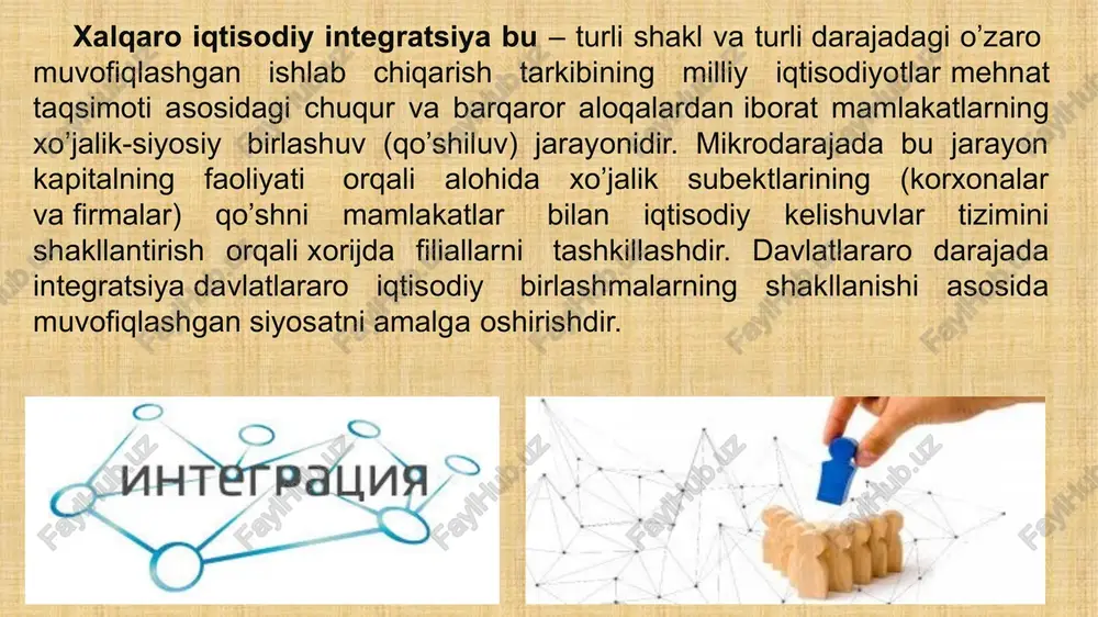 a sarmoya oqimiga taalluqli siyosatni bir xillashtiradi. baynalminallashuv – bu jahon xo’jaligining bir necha sub’ektlari o’rtasidagi o’zaro aloqalarni o’rnatilishi va rivojlanishining dastlabki bosqichidir. jahon iqtisodiyotida xo’jalik hayotining barqaror rivojlanishi, takror ishlab chiqarishning milliy xo’jaliklar doirasidan chetga chiqish jarayonini aks ettiradi (eng avvalo, xalqaro mehnat taqsimoti asosida). jahon xo’jaligi baynalminallashuvining o’sishi va rivojlanishida tmklarning ta’sir doirasi kattadir. yunktad ma’lumotiga ko’ra hozirgi kunda jahonda 40 mingdan ortiq tmklar va ularning 270 mingdan ortiq shaxobchalari va sho’’ba korxonalari faoliyat ko’rsatib kelmoqda. jahondagi 500 dan ortiq eng yirik korporatsiyalarning 1/3 qismi esa aqshga tegishlidir. “modernizatsiya – ishlab chiqarilayotgan mahsulotlar (ish va xizmatlar) raqobatbardoshligini oshirishga yoʼnaltirilgan ishlab chiqarishni texnologik yangilanish jarayonidir. u korxonalarning texnologik qoloqligini bartaraf etish vositasi boʼlib, mehnat, moddiy va xom ashyo resurslaridan samarali foydalanish darajasiga keskin taʼsir koʼrsatadi. modernizatsiya, texnik va texnologik yangilash natijalari yuqori texnologik, raqobatbardosh ishlab chiqarishning jadal rivojlanish shartini belgilab beradi”. diversifikatsiya lotincha (diversificatio)dan olingan boʼlib, oʼzgartirish, xilma-xillik degan …