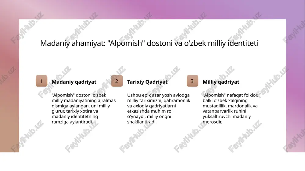 chaytiradi, yoshlarni o'z milliy qadriyatlariga sadoqatli bo'lishga undaydi. 2 madaniy meros - bu epik asar xalqning tarixiy va madaniy an'analarini, qadimiy urf-odatlarni asrab-avaylashda muhim rol o'ynaydi. 3 tarixiy xotira - "alpomish" orqali avlodlar o'z tarixiy qahramonlar va voqealarni eslab, milliy xotira va ongni shakllantiradi. 4 identitet shakllanishi - dostonda ifodalangan epik obrazlar va hikoyalar yosh avlodda milliy identitet va vatan sevgisini mustahkamlaydi. xulosa 01 alpomish epikining madaniy ahamiyati va roli "alpomish" epiki milliy madaniyatimizning ajralmas qismidir, u xalqning tarixiy, ma'naviy qadriyatlarini yoritib, milliy identitetni shakllantiradi. 02 milliy qadriyat va tarixiy xotira rivoji bu asar yosh avlodga milliy tariximizni, qahramonlik va mardlik qadriyatlarini o'rgatadi, vatanparvarlik ruhini mustahkamlashda muhimdir. 03 folklor va madaniy motivlarning ta’siri "alpomish" motivlari va ramzlari xalq orasida ma'naviy bog'lanishni kuchaytiradi, erkaklik, adolat va halollik kabi qadriyatlarni targ'ib qiladi. foydalanilgan adabiyotlar 1. islomova, m. (2018). o'zbek epik she'riyatida 'alpomish' epik dostonining o'rni va ahamiyati. o'zbekiston milliy kitobxonlik markazi nashri. …