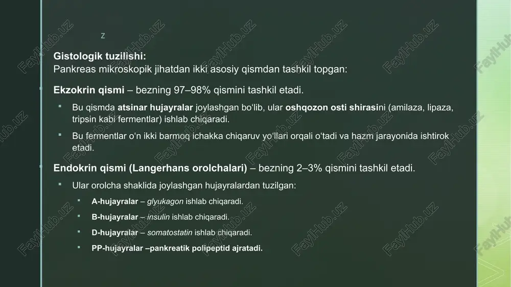 ‘rsatadi. 3d tasvir olish imkoniyati — bu shifokorga bezning o‘lchami, konturi, atrof tomirlar va o‘sma tarqalish darajasini aniq ko‘rishga yordam beradi. o‘tkir va surunkali pankreatitda diagnostik ahamiyati juda yuqori — kt yordamida yallig‘lanish, yiring, nekroz, suyuqlik to‘planishi yoki kalsifikatlar aniqlanadi. o‘sma kasalliklarini bosqichlashda muhim — pankreatik saratonni erta bosqichda aniqlash imkonini beradi,jarrohlikda juda foydali. z pankreasni tekshirishning ketma-ketligi (algoritmi) pankreasni baholash bosqichma-bosqich, ya’ni oddiydan murakkab usullargacha o‘tkaziladi. maqsad — bemorni ortiqcha nurlanishdan asrash, lekin aniqlikni ham ta’minlash. 1. klinik va laborator tekshiruvlar (boshlang‘ich bosqich) bu nurli usullardan oldin bajariladi. shikoyatlar: qorin yuqori qismida og‘riq, ko‘ngil aynish, qusish, ishtahaning yo‘qolishi. laborator belgilar: qonda amilaza va lipaza miqdori oshadi (pankreatitda). qand darajasi, siydikda glyukozaning mavjudligi. agar laborator belgilar pankreas zararlanishini ko‘rsatsa — nurli diagnostika bosqichiga o‘tiladi. 2. ultrasonografiya (uzi) — birlamchi nurli tekshiruv har doim birinchi tanlov usuli. maqsad: bez kattaligi, konturi, tuzilmasi, kanal kengayishi, kista yoki o‘sma mavjudligini baholash. agar natijalar …
