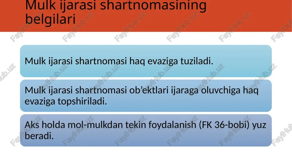 ish qiymatining 30 foizidan; agar ijaraga topshirilayotgan mol-mulkdan amalda foydalanilgan muddat undan samarali foydalanish muddatidan ortiq bo’lsa - mol-mulk tiklanish qiymatining 20 foizidan kam bo’lishi mumkin emas. ijaraga olingan mol-mulkdan foydalanish, tasarruf qilish va saqlash mol-mulkdan foydalanish mulk ijarasi shartnomasining asosiy mazmunini belgilaydi. shu sababli qonun ijaraga oluvchiga ijaraga olingan mol-mulkdan foydalanish bo’yicha talablarni qo’yadi va bu talablar mol-mulkni saqlanishini hamda ijaraga beruvchi manfaatlarining himoyalanishini ta’minlashga qaratilgan. ijaraga olingan mol-mulkdan foydalanish shartnomaga muvofiq amalga oshirilishi lozim. kazus “trans qoplon” mchj o’ziga mulk asosida tegishli bo’lgan xar birini qiymati o’n million so’m bo’lgan 10 ta avtomobilni, besh yil muddatga “saturn” xk ga ijaraga beradi. saturn xususiy korxonasi ijara shartnomasi rasman kuchga kirgandan so’ng ijaraga olingan beshta avtomobilni “shuxrat” mchj ga ulush sifatida kiritdi. qolgan avtomobilni bankdan olinadigan kreditga garov sifatida qo’ymoqchi bo’ldi. ijarachining harakatlari qonunga muvofiqmi? ijara huquqlarini tasarruf qilish tartibi va asoslarini sharxlang. prokat shartnomasi prokat shartnomasi bo’yicha ijaraga beruvchi …
