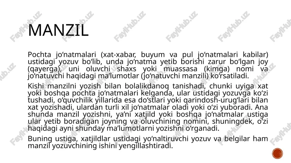 orilganligini darrov aniqlaydi. shaxsan murojaat qilib xat yozish usuli masala aniq bir shaxs tomonidan ko‘rilishi zarur bo‘lgan holdagina qo‘llanadi. bunday hollarda xat jo‘natilayotgan shaxs familiyasi oldidan «shaxsan» so‘zini yozish tavsiya etiladi, zero, bunday yozuvli xatlar oluvchiga, ya’ni o‘z egasiga ochilmasdan olib kiriladi (topshiriladi). hujjat oluvchi muassasalarning nomlari faqat bosh kelishikda yoziladi. masalan: o‘zbekiston respublikasi jismoniy tarbiya va sport vazirligi milliy terma jamoalarni saralash, shakllantirish va tayyorlash boshqarmasi xatlar yo‘llanayotgan aniq shaxslar esa jo‘nalish kelishigida yoziladi (familiya ko‘rsatilmasligi ham mumkin). masalan: «toshkent truba zavodi» qo‘shma korxonasi reja-iqtisod bo‘limi boshlig‘iga agar oluvchining ismi, otaismi ham aniq bo‘lsa, familiya oldidan ularning bosh harfari yoziladi. masalan: parkent tumani matlubot jamiyati ulgurji va chakana savdo ochiq aksiyadorlik jamiyati boshqaruvining raisi s.m. sharipovga agar xat harbiy unvon, boshqa maxsus unvon (adliya maslahatchisi, davlat soliq maslahatchisi), ilmiy unvon yoki darajaga ega bo‘lgan shaxsga yo‘llanayotgan bo‘lsa, shaxsning tegishli lavozimi, unvon yoki darajasi yoziladi. masalan: andijon davlat universiteti biologiya …