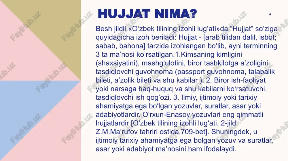 'llash uchun ishchi hay’at yuzaga keldi. har bir tashkilot, muassasa va idoralarda ish yuritish bo'limlari tashkil qilindi. qarorda dekretga bepisand qarovchilarga chora ko'rish kerakligi ta'kidlangan edi. ish qog‘oz namunalari maxsus tayyorlandi. ammo 30-yillarda vaziyat o‘zgardi. ayniqsa 1938-yilgi qabul qilingan “ob obyazatelnom izuchenii russkogo yazika” qaroridan keyin milliy tillar, xususan, o'zbek tilini cheklash, mensimaslik siyosati boshlandi. ish yuritish asosan, rus tilida yuritiladigan bo'ldi. 13 hujjatchilik tarixi hujatchilik rivojlanish bosqichlari hujjatchilik tarixi 14 yozuv yozuv paydo bo‘lishi hujjatlar tuzish, yozish imkonini berdi qog‘oz qog‘oz tufayli hujjatlar tuzish, yozish mukamallashdi kitob bosish hujjatlar yaratilishi, saqlanishi ommaviy tus oldi kompyuter hujjatlar yaratilishi, saqlanishi elektron shaklda amalga oshirilda internet hujjatlar aylanishi global tus oldi rahmat! latif nosirov @latifnasyrov www.atso.uz image5.jpg image6.png image7.jpeg image8.jpg image9.jpg image10.jpg image11.jpg image12.png image13.png image14.png image15.png image16.png image4.png image8.svg