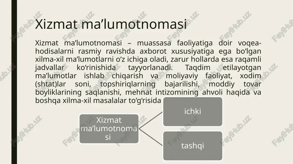 i kompyuterda yoziladi va uning chap burchagiga korxona yoki jamoat tashkilotining to‘rtburchak muhri qo‘yiladi, uning qarshisiga, o‘ng tomoniga ma’lumotnoma so‘zi yoziladi. shaxsiy ma’lumotnomalar quyidagi zaruriy qismlarni o‘z ichiga oladi: 1. ma’lumotnoma beruvchi tashkilotning nomi. 2. ma’lumotnomaning tartib raqami va berilgan sanasi. 3. hujjat turining nomi (ma’lumotnoma). 4. ma’lumotnoma berilayotgan shaxsning ismi, otaismi va familiyasi. 5. ma’lumotnoma matni (u tasdiqlayotgan voqea yoki holat bayoni). 6. ma’lumotnomaning maqsadi (ma’lumotnoma ko‘rsatila digan, taqdim etiladigan joy nomi). 7. mansabdor shaxs(lar)ning imzosi (lavozimi va familiyasi). 8. muhr. dastlabki uch zaruriy qism bosma ish qog‘ozida (bosma ish qog‘ozi bo‘lmagan hollarda to‘rtburchak muhrda) o‘z aksini topgan bo‘ladi. ish haqini tasdiqlash haqidagi va pul bilan bog‘liq boshqa shaxsiy ma’lumotnomalarga tegishli muassasaning bosh (katta) hisobchisi ham imzo qo‘yishi kerak. ma’lumotnomalarning bu turi ham jo‘natma hujjatlar daftarida qayd etilib, xodim qo‘liga beriladi. shaxsiy ma’lumotnomalar namunasi sog‘liqni saqlash muassasalari tomonidan beriladigan ma’lumotnomalar ham katta bir turkumni tashkil etadi. bolalar sog‘lig‘i haqidagi …