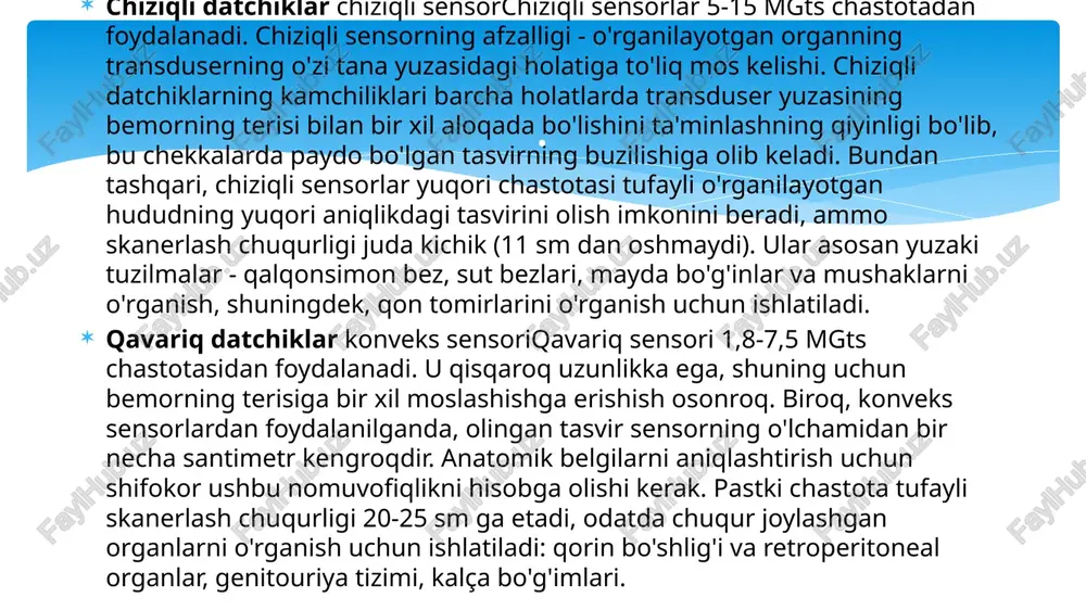 muhit chegarasidan aks ettirilgan signalning amplitudasi, ikkinchisi esa bu chegaragacha bo'lgan masofadir. inson tanasi to'qimalarida ultratovush to'lqinining tarqalish tezligini bilgan holda, bu zonagacha bo'lgan masofani ikkiga bo'lish orqali aniqlash mumkin (chunki ultratovush nuri bu yo'lni ikki marta bosib o'tadi) pulsning qaytish vaqti va pulsning ko'paytmasi. ultratovush tezligi. b-rejimi ( inglizcha b to'g'rilik ). texnika real vaqtda anatomik tuzilmalarning ikki o'lchovli kulrang tomografik tasvirlari ko'rinishida ma'lumot beradi, bu ularning morfologik holatini baholash imkonini beradi. . texnika doppler effektidan foydalanishga asoslangan . effektning mohiyati shundaki, ultratovush to'lqinlari o'zgargan chastotali harakatlanuvchi ob'ektlardan aks etadi. ushbu chastota o'zgarishi joylashgan tuzilmalarning harakat tezligiga mutanosibdir - agar harakat sensorga yo'naltirilgan bo'lsa, u holda chastota ortadi, agar sensordan uzoqda bo'lsa, u kamayadi. ko'r-ko'rona dopplerografiya (funktsional diagnostikaning bir qismi sifatida amalga oshiriladigan ultratovush tekshiruvi hisoblanmaydi) va b-rejimi (zamonaviy) mavjud. birinchi eskirgan variant o'z nomini oldi, chunki joylashishi kerak bo'lgan oqim (idish) skanerlash chuqurligini qurilmada ko'r-ko'rona o'rnatishga asoslangan, ya'ni …