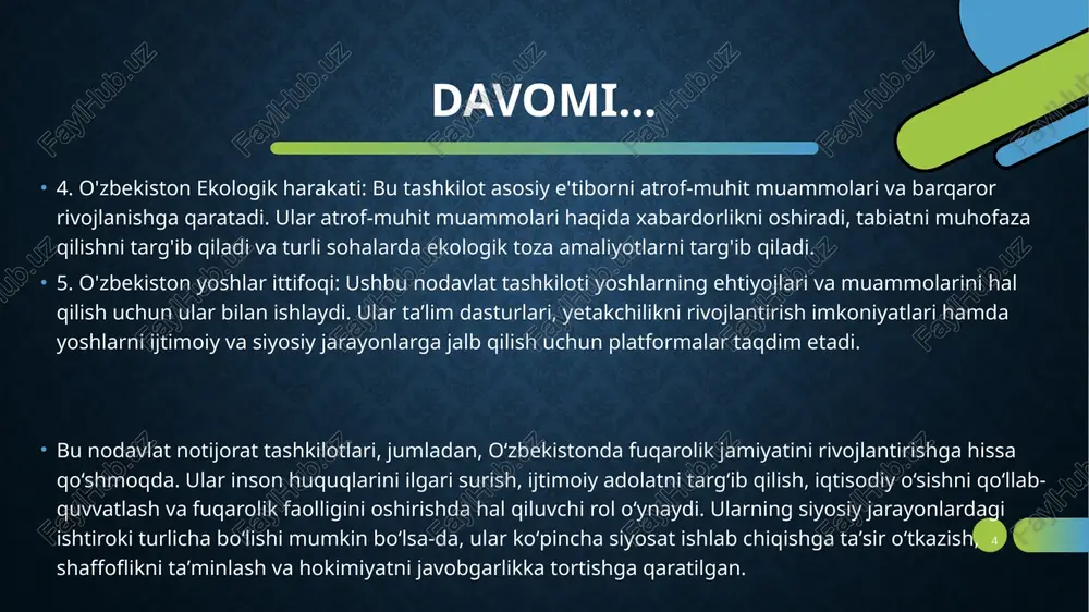 ari muddatidan oldin ovoz berishda qatnashdi. ovoz berishda qatnashgan fuqarolarning 90,2 foizi (90,21 foizi) yoki 15 034 608 nafari (15 040 055 nafari) yoqlab, 9,35 foizi yoki 1 558 817 nafari (shuningdek 9,35 nafari) o‘zgarishga qarshi ovoz bergan. yaroqsiz deb topilgan byulletenlar soni 73 672 ta (73 934 ta) yoki 0,44% ni tashkil etdi. 9 yashirin iqtisodiyot yashirin iqtisodiyot, xufiya iqtisodiyot — ishtirokchilar tomonidan oshkora olib borilmaydigan, davlat va jamiyat tomonidan nazorat qilinmaydigan, soliqlar toʻlanmaydigan, rasmiy davlat statistikasida qayd etilmaydigan iqtisodiy jarayonlar, iqtisodiy faoliyat turlari. yashirin iqtisodiyot oshkora payqab boʻlmaydigan tovarlar va xizmatlarni ishlab chiqarish, taqsimlash, ayirboshlash, isteʼmol jarayonlari — iqtisodiy munosabatlar boʻlib, uning negizida ayrim kishilar yoki kishilar guruhi manfaatlari yotadi. yashirin iqtisodiyot dunyoning deyarli hamma mamlakatlarida mavjud. 10 yashirin iqtisodiyot davomi 2019 yilda o‘zbekistonda yashirin iqtisodiyotning yaimdagi ulushi 52,11 foizni tashkil etdi. markaziy osiyo davlatlarida ushbu ko‘rsatkich pastroq — tojikistonda 40,76 foiz, qozog‘istonda 36,65 foiz va qirg‘izistonda 30,53 …