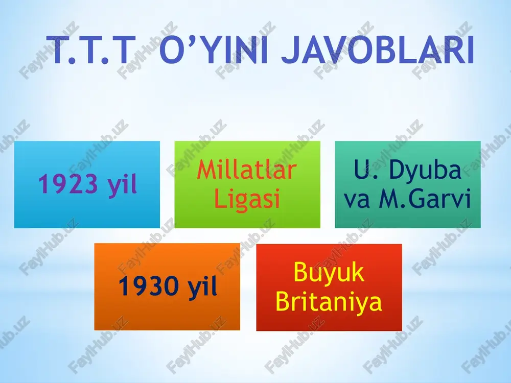 jahon urushiga kirishini bildiradi. d. 1945 yil 26 mart polshani ozod qilishini bildiradi. 4. 2-jahon urushi arafasida germaniya va rossiya o’rtasida qanday shartnoma imzolangan edi? birgalikda aqshga hujum qilish. buyuk britaniyani egallash. 10 yilga urushmaslik. yaponiya ga xitoyni egallashda to’sqinlik qilmaslik. 5. qaysi jang ii- jahon urushida tub burilish bo’ldi? moskva ostonalaridagi jang. stalingrad ostonalari jang. gdansk yaqinidagi jang. d. brest qal’asi uchun jang. 1945 yil 17 oktabrda bmt tashkil topdi e’tiboringiz uchun rahmat ! image1.jpeg image2.jpeg image3.jpeg image4.jpeg image5.png image6.jpeg image7.jpeg image8.jpeg image9.png image10.jpeg image11.png image12.png image13.png image14.png image15.jpeg image16.jpeg image17.png image18.jpeg image19.png image20.png image21.png image22.png image23.png image24.jpeg /docprops/thumbnail.jpeg
