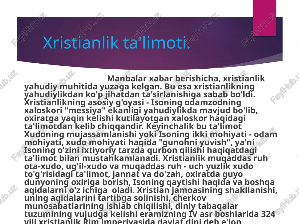 borat. poklanishning sirliligi. unda dindor non va vino ko'rinishda o'z badanida iso qonini abadiy hayotga tayyorlaydi. badanni yeley bilan ishqalash sirida xudoning ruhiy va jismoniy zaifliklarni tuzatuvchi lutfu marhamatidan umid qilinadi. rus provaslavi. rus pravoslaviyesining ko'p kunlik postlari to'rtta: pasxa oldidan, pyotr va pavel kuni oldidan, bogorodisa uyqusidan oldin va iso tug'ilgan kundan oldin. buyuk bayram ichida pasxa birinchi o'rinda turadi. pasxa isoning o'lganidan so'ng qayta tirilganini nishonlab o'tkaziladigan bayram. u yilning 22 aprelidan may oyining birinchi yakshanbasigacha o'tkaziladigan bayram. u "otsovskiy den"dan avval o'tkaziladi. pasxaning tarixi yahudiylikdagi pesax bayrami bilan bog'liq bo'lib, u yahudiylarning misrdan qochib chiqishi va ozodlikka erishishini nishonlanishidir. xristianlik yahudiylikdan to'la ajralib chiqqach pasxa yangicha tus olgan. pasxadan so'ng pravoslav dinining o'n ikki kunlik o'n ikki muhim bayrami boshlanadi. ular: iso tug'ilishi, sreteniye, isoni cho'qintirish, preobrajeniye, quddusga kirish, isoning osmonga ko'tarilishi, troisa muqaddas butning osmonga ko'tarilishi, blagovehaniye (injilning nozil bo'lishi), rojdestvo bogorodiso' (isoning xochga osilishi) va …