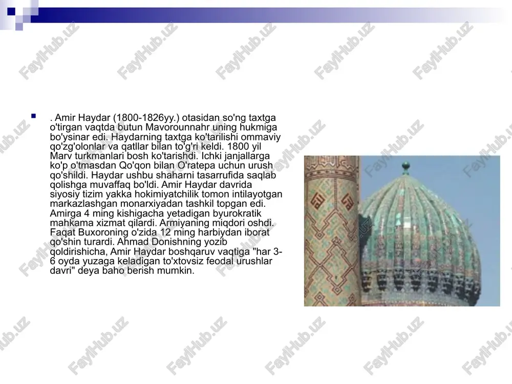 , sh. odilov ) va o'zbekiston madani-yat vazirligining me'moriy yodgorliklarni ta'mirlash va as-rash instituti otryadi (e. g. nekrasova boshchiligida) tomonidan olib borilgan tadqiqotlar nati-jasida hozirgi buxoro viloyati xududida miloddan avvalgi 4 — z.-ming yilliklardayoq ovchilik va baliqchilik bilan shug'ullangan, toshdan turli qurol va buyumlar yasash mahoratlari yuksak daraja-ga etgan neolit davriga mansub qabilalar yashagani aniqlandi. davlat boshqaruvi oliy amaldorlar sirasiga shuningdek qonunlar ijro etilishi, din musaffoligi va axloq muhofazasi, shuningdek, bozordagi tarozilar va o'lchovlar ustidan nazorat qilish vazifasi bo'lmish rais ham kirardi. rais bosh qoziga bo'ysunardi. bosh rais amir va bosh qoziga ma'lumot bilan shaxsan kelishi mumkin edi. uchala oliy amaldor — qushbegi, devonbegi va bosh qozi har doim buxoroda bo'lishi lozim edi. beklar va ularning mol-mulkini ta'lim ko'rgan askarlar — navkarlar qo'riqlashardi. mahalliy ma'muriyat — aminlar, oqsoqollar hamda bekliklar vakillari va amir farmonlarini ijro etishi shart bo'lgan ruhoniylardan iborat edi. barcha sohalardagi amaldorlar beklar va amirlikning oliy amaldorlari safi …