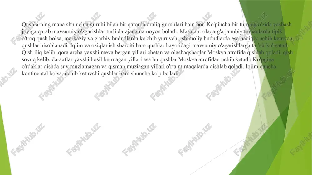 o'tadi. o'rta dengiz ustidan ko'pgina qushlar 300—500 km masofani 6—8 soat ichida uchib o'tadi. o'rmon loyxo'raklari (yakantovuqlar) bir kechada 400—600 km masofani uchib o'tadi. qushlar odatda bir sutkada 1—2 soat uchadi, boshqa vaqtda oziqlanadi va dam oladi. shunday ma’lumotlar ham borki, alyaskada va sibirning sharqi-shituolida uya qurib, gavay orollarida qishlovchi balchiqchilar 3200 km li masofani dam olmasdan uchib o'tadi. qushlarning baland va past uchishi ham turli qushlarda turlicha bo'ladi. masalan: yirik yirtqich qushlar taxminan 1000 m va undan ham balandda uchaoladi. turnalar ba’zan 3000 m gacha yuqorida uchadi. g'ozlar 8850 m balandlikda uchganligi m a’lum. mayda qushlar odatda yerga yaqin, ayrimlari 300 metrgacha bo'lgan balandlikda uchadi. tar-tar, qashqaldoq kabi qushlar yo'lining ko'proq qismini yurib bosadi. qayralar kabi dengiz qushlari esa yo'lining ko'p qismini suvda suzib o'tkazadi. qushlarning qishlash joyi ham turli-tuman. mdhda o'rdaklar, g'ozlar, oqqushlar va boshqa suv qushlarining asosiy qishlash joylari kaspiy dengizining janubi-g'arbiy va janubi-sharqiy sohillari hisoblanadi. kavkazortidagi …