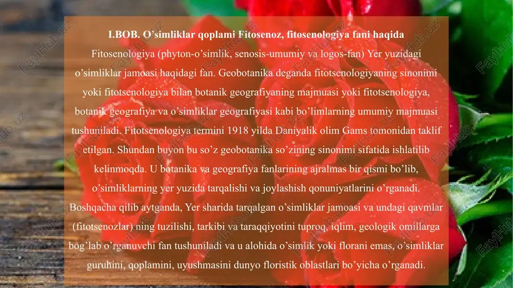 ’sir ko’rsatadi. shu bilan bir qatorda boshqa abiotik omillarning ham shakllanishini ta’minlaydi. fitosenoz u yoki bu darajada tashqi abiotik muxitning barcha xususiyatlarining qayta hosil bo’lishiga (shakllanishiga) sababchi bo’ladi. abiotik omillar bevosita va bilvosita o’simliklar jamoasiga ta’sir ko’rsatadi. bu haqda x.gams, l.v.ramenskiy, v.n.sukachev kabi olimlar o’z fikrlarini bildirganlar. shu tariqa ushbu omillarga nisbatan o’simliklarning ekologik guruxlari shakllanadi. o’z navbatida o’simliklar jamoasi, yani fitosenoz ham abiotik omillarning shakllanishi, ularning tuzilishi va kuchiga o’ziga xos ta’sir ko’rsatadi. fitosenozlar havo harorati, yorug’lik va suv rejimiga, rel’yef, tuproq namligi, havo harakatiga o’z ta’sirini ko’rsatadi. masalan, cho’l mintaqasidagi maksimal haroratga nisbatan o’rmonlardagi maksimal harorat ancha past bo’ladi. shiningdek cho’llardagi minimal haroratga nisbatan o’rmonlardani minimal harorat biroz yuqori bo’ladi. shu tariqa cho’l mintaqasidagi harorat amplitudasi o’rmonga nisbatan ancha keng bo’ladi. bu esa o’simlik jamoalari uchun noqulaylik tug’diradi. turli tuproq tiplarining xususiyatlari xilma-xil tuproq hosil qiluvchi omillar, ayniqsa ular ichidagi o’simliklar qoplamining o’zaro ta’siri natijasida vujudga kelgan.tuproq tiplari …