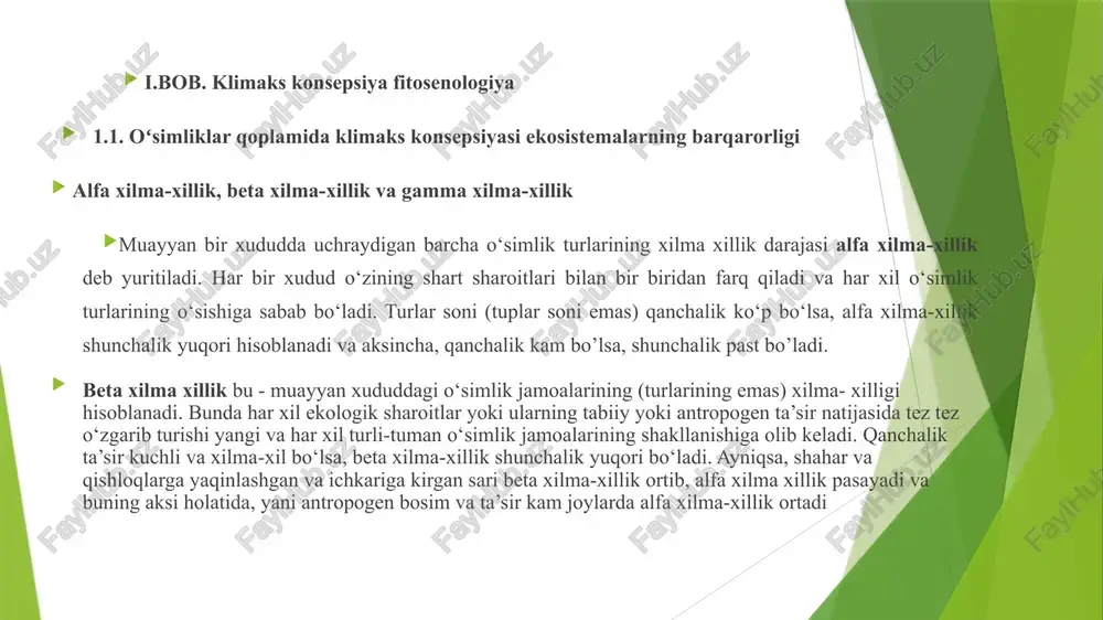 da o’tadi. murakkab ekologik omillar ta’siri natijasida jamoa o’sha yerga moslashishi ham mumkin yoki aksincha, yo’q bo’lib ketishi ham mumkin. fitosenoz atamasi 1815 yilda ilk bor rus olimi i.pachoskiy tomonidan bir turdan tashkil topgan sof paykallar uchun qo’llanilgan.keyinchalik rus olimi sukachev (1917) va nemis olimi gams (1818) tomonidan o’simlik jamoalarini belgilash uchun qo’llanilgan. sukachev fikricha, fitosenoz bu muayyan tarkibi, tuzilmasi, shakllanishi, o’zaro va tashqi muxit bilan munosabatlari bilan xarakterlanuvchi, birgalikda bitta territoriyani egallagan o’simliklar yig’indisidan iborat. fitosenozlar turlar tarkibi, o’ziga xos tuzilishi va muayyan yashab turgan muxitiga nisbatan moslanishlarga ega bo’lishi bilan ajralib turadi. fitosenozni aniq bir maydondagi o’simliklar jamoasini taksonomik birliklarining turlicha kategoriyalarini belgilashda ham qo’llash mumkin: assosiatsiya, formatsiya, tip. fitosenozlar bir-biridan turli geografik to’siqlar bilan ajralib turadi: tog’, daryo, jarlik, cho’l, ko’l, dengiz va boshqalar. biotsenozning tuzilishi va tur tarkibi biotsenoz gr. bios- hayot- kainos- umumiy degan manoni bildirib, yashash sharoitlari malum darajada bir xil bo’lgan o’simliklar va …
