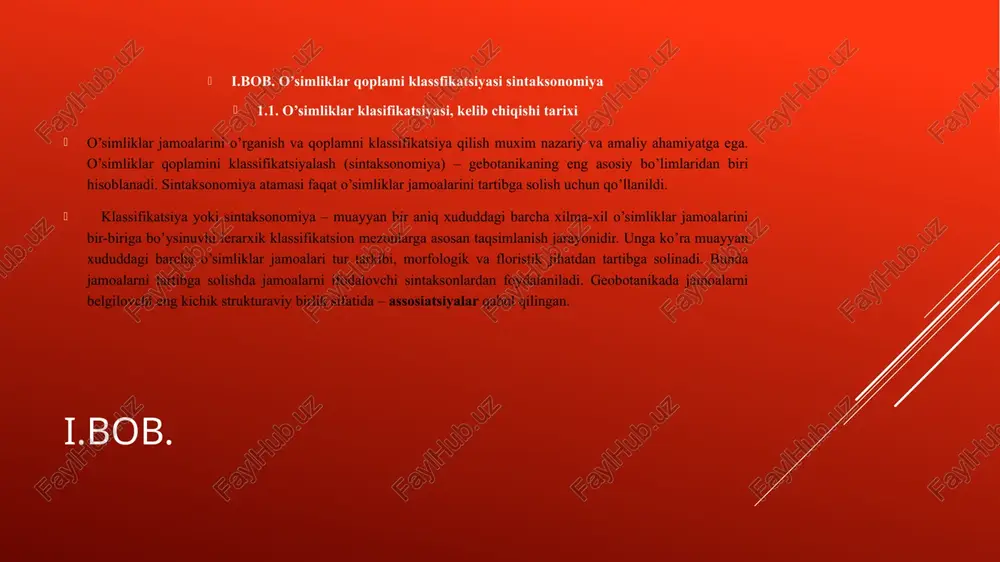ifikatsiya qilishdagi induktiv yo‘nalishga geobotanikadagi braun-blanke, miqdoriy va boshqa metodlarni kiritish maqsadga muvofiq bo‘ladi. har bir klassifikatsiyalash yo‘nalishida o‘ziga xos metodlardan keng foydalanadi va har bir metodlarning eng ko‘p qo‘llaniladigan sintaksonlari mavjud. masalan, klassifikatsiyalashning bir metodida asosiy sintaksion sifatida assotsiyalar qabul qilingan bo‘lsa, boshqa metodda esa farmatsiyalar asosiy sintaksion sifatida e’tirof etiladi. dominantlar bo‘yicha klassifikatsiya mo‘tadil iqlimli o‘rmonlardagi o‘simlik jamoalarini tizimga solish natijasida vujudga kelgan. bu klassifikatsiyaning asosiy birligi sifatida farmotsiya qo‘llanadi. farmotsiya - ustun hayotiy shakllardagi bir xil dominantlarga ega bo‘lgan o‘simliklar jamoalaridir. masalan, o‘zbekiston tog‘li mintaqalari siyrak o‘rmonlardagi yong‘oq (jugladenta), sariq do‘lana (crataegeta ponticae), namatak (rosaeta caninae), sivers olmasi (maleta sieversiae) formatsiyalarini misol keltirish mumkin. aristotel davridan boshlab tabiatshunoslar organik dunyoni o‘simliklar va hayvonot olamiga bo‘lib kelganlar. bu an’ana hozirgi kunga qadar ham biologiyaga taalluqli o‘quv qo‘llanmalarda saqlanib kelinmoqda. biroq organik olamning bunday bo‘linishining o‘ziga xos kamchiliklari ayniksa, keyingi yillar ichida keskin se- zilmokda. filogenetik jihatdan bir-biri bilan …
