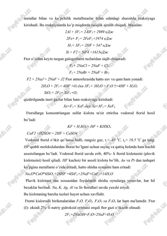 2o, kainit- mgso4·kcl·3h2o va boshqalar. xlor birikmalari okean, dengiz va ko’llarning suvlarida 0,8-3,5% gacha bo’ladi. o’zbekistonda 5ta tosh tuzi koni- xo’jaikon, tubaket, boybichakon va oqqala konlarida 90 milliard tonna xomashyo bor. sanoatda dastlab xlor vodorod xloridni 400 0c haroratda cucl2 katalizatori ishtirokida oksidlash orqali olinar edi: 4hcl+o2 = 2cl2 +2h2o hozirgi vaqtda xlor osh tuzini suyuqlanmasini elektroliz qilib olinadi: osh tuzini suvli eritmasini elektroliz qilinganda ham xlor hosil bo’ladi laboratoriya sharoitida xlor quyidagi reaksiyalar orqali olinadi: 4hcl + mno2 = cl2 + mncl2 + 2h2o 4hcl + pbo2 = cl2 + pbcl2 + 2h2o 16hcl + 2kmno4 = 5cl2 + 2mncl2 + 2kcl + 8h2o 6kcl + k2cr2o7 +7h2so4 = 3cl2 +cr2(so4 )3 + 4k2so4 +7h2o xlor sarg’ish- yashil, o’tkir hidli, zaharli gazdir. havodan 2,5 marta og’ir, 1 hajm suvda 2,3 hajm xlor eriydi. 00sda, 400 kpa bosimda suyuqlanadi, ρ=1,57 g/sm3, tsuyuq=-340s, tqay=-1010c. xlorli suv sovitilsa cl2·6h2o, cl2·8h2o tarkibli kristallogidratlar …