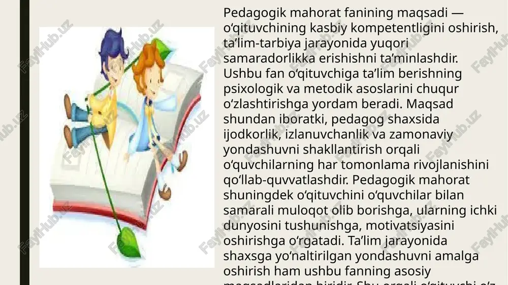 irish, ta’lim jarayonida samarali metodlarni qo‘llash ko‘nikmalarini shakllantiradi. har bir pedagog o‘z faoliyatida o‘quvchi shaxsini hurmat qilgan holda, unga to‘g‘ri yo‘l ko‘rsata olsa, demak u haqiqiy mahorat egasidir. shu bois pedagogik mahorat nafaqat kasbiy ehtiyoj, balki insoniy fazilatlarni yuksaltiruvchi hayotiy zaruratdir. image1.png image2.png image3.png image4.png image5.png image6.png image7.png /docprops/thumbnail.jpeg