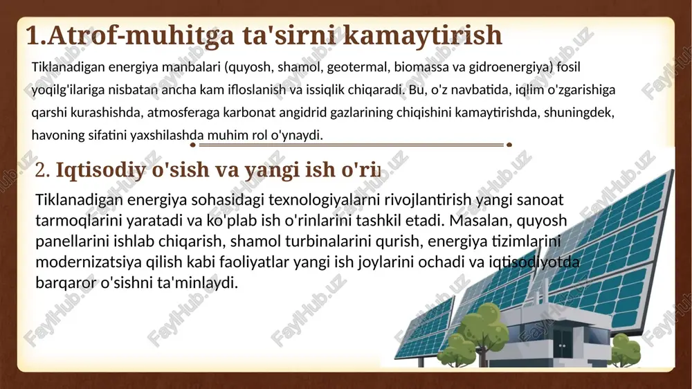 tori (elektr energiyasini olish uchun), shamol tegirmoni (mexanik energiyaga aylantirish uchun), yelkan (transportda foydalanish uchun) va boshqa agregatlar amalga oshirishi mumkin. qozog‘iston shamol energetikasi quruqlikdagi shamol elektr stansiyalari bilan ifodalanadi. bioyoqilg‘i bioyoqilg‘i - bu o‘simlik yoki hayvon xom ashyosidan olinadigan yoqilg‘i. eng qadimgi bioyoqilg‘i turi - oddiy o‘tin. quyidagilar ajratiladi: suyuq bioyoqilg‘i (ichki yonuv dvigatellari uchun - bioetanol, metanol, biodizel); 1-qattiq bioyoqilg‘i (yog‘och, pista ko‘mir, briketlar, yoqilg‘i granulalari, payraha, somon, lubka); 2-gazsimon (sintez qilingan gaz, biogaz, vodorod). 17 1 qattiq turdagi bioyoqilg‘ilar issiqlik va elektr energiyasini ishlab chiqarish uchun yoqilg‘i sifatida ishlatilishi mumkin bo‘lgan biologik kelib chiqishga ega bo‘lgan organik, qazilma bo‘lmagan materiallarni o‘z ichiga oladi. bu toifaga quyidagilar kiradi: yog‘och ko‘miri: yog‘och va boshqa o‘simlik materiallarini quruq haydash va piroliz qilishning qattiq qoldiqlarini o‘z ichiga oladi. yoqilg‘i o‘tinlari, yog‘och qoldiqlari va qo‘shimcha mahsulotlar: tabiiy yoki boshqariladigan o‘rmonlardan yoki alohida turgan daraxtlardan olingan yoqilg‘i o‘tinlari yoki o‘tinlar (g‘o‘lalar, shox-shabbalar, bo‘laklar …
