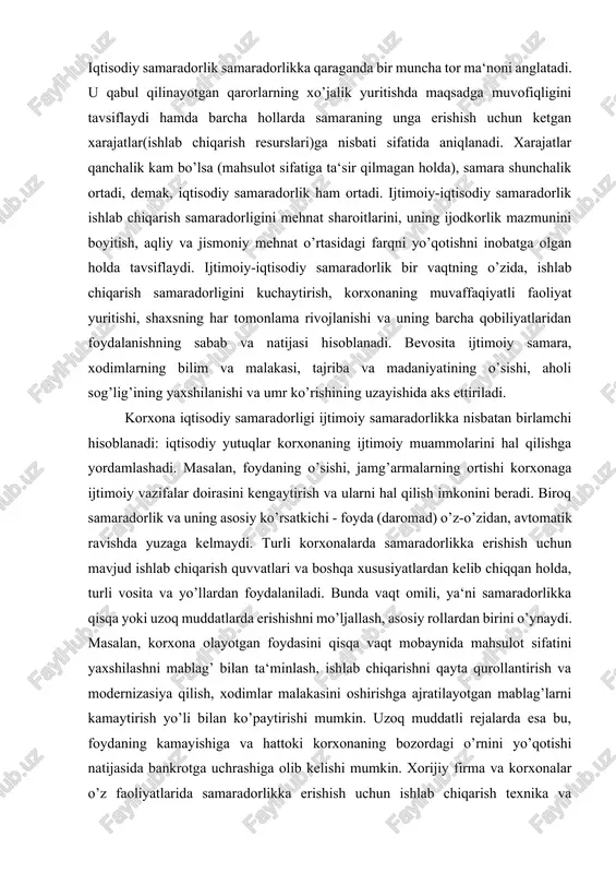 qilish imkonini beradi. biroq samaradorlik va uning asosiy ko’rsatkichi - foyda (daromad) o’z-o’zidan, avtomatik ravishda yuzaga kelmaydi. turli korxonalarda samaradorlikka erishish uchun mavjud ishlab chiqarish quvvatlari va boshqa xususiyatlardan kelib chiqqan holda, turli vosita va yo’llardan foydalaniladi. bunda vaqt omili, ya‘ni samaradorlikka qisqa yoki uzoq muddatlarda erishishni mo’ljallash, asosiy rollardan birini o’ynaydi. masalan, korxona olayotgan foydasini qisqa vaqt mobaynida mahsulot sifatini yaxshilashni mablag’ bilan ta‘minlash, ishlab chiqarishni qayta qurollantirish va modernizasiya qilish, xodimlar malakasini oshirishga ajratilayotgan mablag’larni kamaytirish yo’li bilan ko’paytirishi mumkin. uzoq muddatli rejalarda esa bu, foydaning kamayishiga va hattoki korxonaning bozordagi o’rnini yo’qotishi natijasida bankrotga uchrashiga olib kelishi mumkin. xorijiy firma va korxonalar o’z faoliyatlarida samaradorlikka erishish uchun ishlab chiqarish texnika va texnologiyalariga e‘tiborni kuchaytirishdan tashqari, mahsulot sifatini oshirish va uni reklama qilishga alohida e‘tibor qaratmoqdalar. masalan, yaponiyaning “omron” firmasi o’ziga “barchaning yaxshi hayoti, yaxshi dunyo uchun” degan iborani shior qilib olgan. amerikaning “katerpiller” kompaniyasining shiori “dunyoning har …