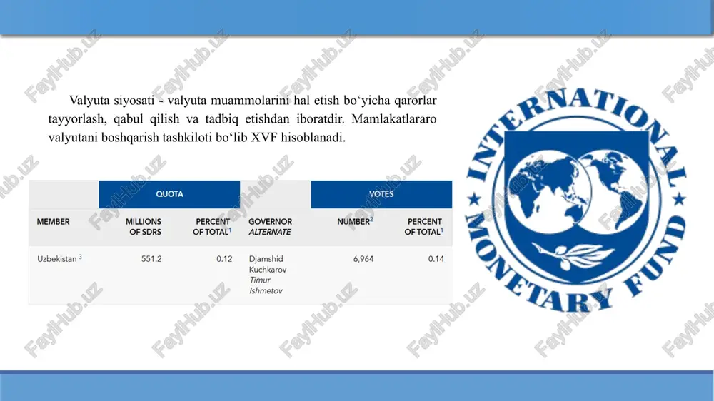 valyutasi hamda valyuta qimmatliklari bilan bo‘ladigan operatsiyalarga davlat tomonidan cheklashlarni joriy qilishga aytiladi. hozirgi vaqtda, deyarli barcha rivojlangan mamlakatlarda valyutaviy cheklashlar mutlaqo olib tashlangan, ayrimlarida esa, uning zaif ko‘rinishini kuzatish mumkin. masalan, buyuk britaniyada 1979 yildan buyon valyutaviy cheklashlar mutlaqo yo‘q. valyutaviy cheklashlar mamlakatlar hududidan oltin va valyuta qimmatliklari chiqib ketishining oldini olishda, shu asosda, chet el valyutalariga bo‘lgan talabni tartibga solish maqsadida qo‘llaniladi. valyuta kursi rejimi — bu davlat (yoki markaziy bank) tomonidan milliy valyuta kursini qanday tartibda belgilash va boshqarish usulidir. valyuta kursi rejimi — bu milliy valyutaning boshqa valyutalarga nisbatan qiymati qanday shakllanishini belgilovchi tizim. valyuta kursi rejimlarining asosiy turlari: 1. qat’iy belgilangan (fiksirlangan) kurs - milliy valyuta kursi hukumat yoki markaziy bank tomonidan qat’iy belgilangan va o‘zgarmaydi yoki juda oz tebranishga ruxsat beriladi. 2. suzib yuruvchi (erkin) kurs - kurs bozor talab va taklifi asosida erkin shakllanadi. markaziy bank aralashmaydi. 3. oraliq rejim (aralash) kursi - …