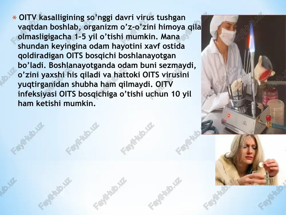 llangan asboblardan, yangi 1 martalik shpris, sistemalardan foydalanish; qon quydirishda donor qonni oitsga tekshirtirish. oits nafaqat shifokorlar va sog’liqni saqlash xodimlari muammosi, balki ko’pgina soha olimlari, davlat arboblari, iqtisodchilar, yuristlar va sotsiologlar muammosi hamdir. har bir inson o’zi va atrofdagilar uchun ham oits tarqalishining oldini olish maqsadida bu kasallik haqida bilishi hamda ehtiyotkorlik choralarini qollashi lozim. hozirgi kunda respublikamizda oits ga qarshi kurashish maqsadida 15 ta oits markazlari, 100 dan ortiq diagnostika laboratoriyalari, 220 dan ortiq “ishonch xona”lari faoliyat ko’rsatmoqda. har bir inson yoshi, jinsi, yashash joyi, ijtimoiy kelib chiqishi yoki boshqa xususiyat va omillaridan qat’iy nazar oits virusini yuqtirishi mumkin. bularning barchasi insonning o’ziga, xulqiga bog’liq! muhabbat baxtli bolalik oila do’stlar bularning barini yo’qotish mumkin!