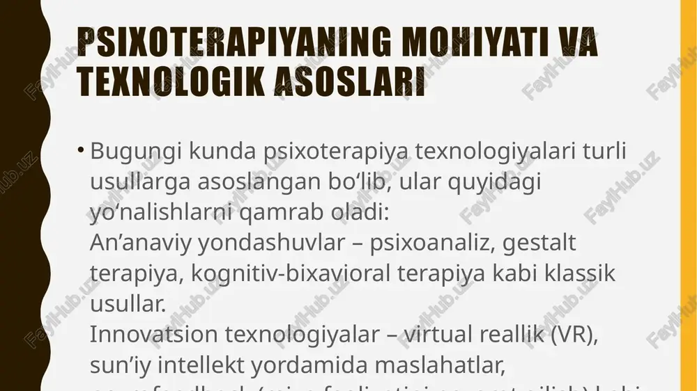 giyalari insonning ruhiy muammolarini hal qilish, psixologik barqarorlikni oshirish va ijtimoiy hayotga moslashishiga yordam beradi. ular klassik yondashuvlar bilan birga zamonaviy texnologiyalarni o‘z ichiga oladi. har bir inson uchun mos texnologiyani tanlash terapiyaning samaradorligini oshirishga xizmat qiladi. image1.jpeg image2.jpeg image3.jpeg image4.jpeg image5.jpeg image6.jpeg image7.jpeg image8.jpeg image9.jpeg