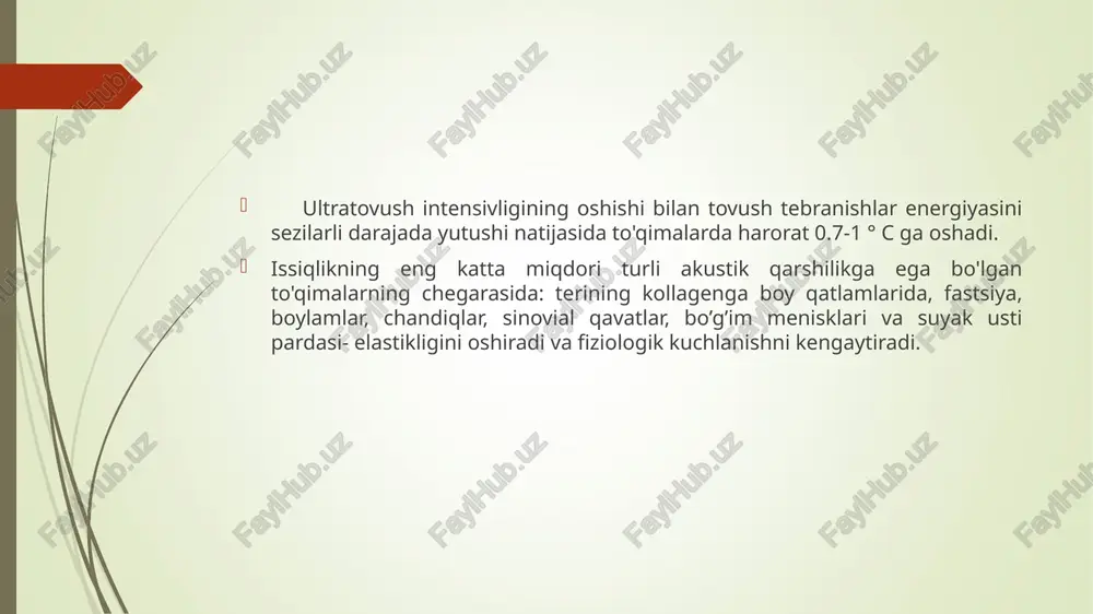 ari va ultratovush yordamida kiritiladigan preparatning o'ziga xos ta'sirlari. ko'rsatma. kiritiladigan preparatlarning farmakologik ta'sir xususiyatlarii va ultratovush terapiyasiga ko'rsatmalarini hisobga olgan holda aniqlanadi. qo'llash mumkin bo'lmagan holatlar. ultratovush terapiyasiga qarshi ko’rsatmalardan tashqari- ishlatiladigan dori moddalariga allergik reaktsiyalarni ham hisobga olish kerak. texnika muolajalar ikki asosiy usulda amalga oshiriladi: kontakt va distantsion usullar. birinchi usulda 150-250 sm 2 gacha bo'lgan ta'sir sohasiga eritma, suspenziya va malhamlar ko'rinishidagi dorivor moddalar qo'llaniladi va nurlanish teri yuzasidan ajralmagan holda harakatlantiriladi. ikkinchi holatda: ultrafonoforez dori moddasi eritilgan gazsiz suvli idish (vanna)da 35-36 °c da olib boriladi. nurlatuvchi teri yuzasidan 1-2 sm masofada kichik aylanma harakatlar bilan harakatlantiriladi. kiritiladigan dori-moddalarning miqdori ultratovush sohasida ishlatiladigan preparat miqdoriga va uning foretik harakatchanligi asosida dozlanadi. gidroterapiya dush - turli shakldagi, yo'nalishdagi, harorat va bosimdagi chuchuk suv oqimining tanaga terapevtik ta'siri. bemorning tanasiga urilgan suv oqimi teri turli sohalarining qisqa muddatli davriy deformatsiyasiga olib keladi, keyin esa ko'plab mexanoreseptorlar va …
