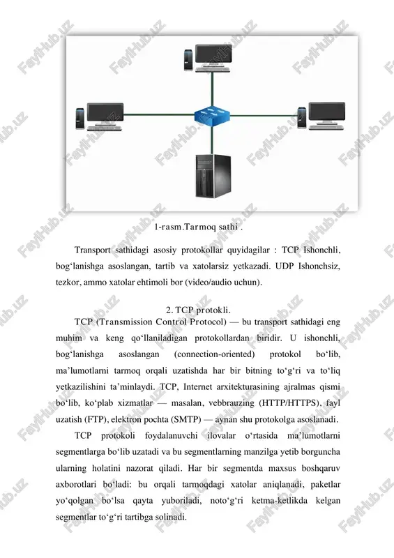 , zoom, skype. • onlayn o‘yinlar: minimal kechikish kerak bo‘lgan interaktiv o‘yinlar. • dns (domain name system): domen nomlarini ip manzillarga aylantirish. • voip (voice over ip): internet orqali ovozli muloqot. udp protokoli o‘zi ishonchlilikni kafolatlamaydi, ammo bu kamchilik bo‘lgan hollarda ilova sathi (application layer) o‘zi kerakli mexanizmlarni qo‘shishi mumkin (masalan, paketni qayta yuborish, tartibga solish, xatolikni aniqlash). shunday qilib, udp "tezlik — ishonchlilikdan ustun" tamoyiliga asoslanadi. 3-rasm. udp protokoli. iii.xulosa. tcp va udp — transport sathining asosiy protokollari bo‘lib, ular tarmoq orqali ma’lumot uzatishda muhim rol o‘ynaydi. tcp ishonchli va tartibli uzatishni ta’minlab, ilovalar orasidagi aloqani barqaror qiladi. u ko‘proq ishonchlilik muhim bo‘lgan xizmatlarda qo‘llaniladi. udp esa tezkor va yengil protokol bo‘lib, real vaqtli ilovalar, audio/video oqimlar va o‘yinlar uchun ayni muddao. har ikki protokol o‘zining afzallik va kamchiliklariga ega bo‘lib, ular qo‘llaniladigan soha va talabga qarab tanlanadi. demak, transport sathida tcp ishonchlilikni, udp esa tezlikni ta’minlab, tarmoq texnologiyalarida …