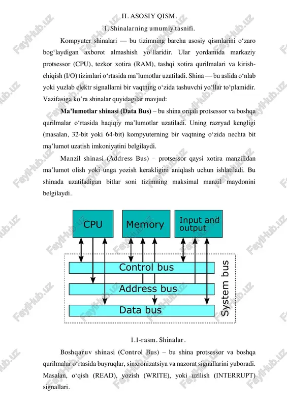 urilmalar uchun universal va yuqori tezlikdagi aloqa yo‘li bo‘lib xizmat qilsa, cxl esa cpu, gpu va acceleratorlar o‘rtasida xotira bo‘lishish (memory coherency) imkonini beradi. shuningdek, nvlink va ucie kabi texnologiyalar sun’iy intellekt, ilmiy hisoblash va chiplet arxitekturalarida muhim o‘rin tutmoqda. yangi avlod shinalari faqat tezlikni oshirish bilan cheklanmay, balki energiyani tejash, moslashuvchanlik, va ko‘p qurilmalardan iborat tizimlarni samarali boshqarish imkoniyatlarini ham ta’minlamoqda. bu esa zamonaviy kompyuterlarning yanada qudratli, ixcham va aqlli bo‘lishiga zamin yaratadi. iv. foydalangan adabiyotlar. 1. tanenbaum a. s., austin t. “structured computer organization” – 6th edition. pearson education, 2013. 2. stallings w. “computer organization and architecture: designing for performance” – 11th edition. pearson, 2020. 3. patterson d. a., hennessy j. l. “computer architecture: a quantitative approach” – 6th edition. morgan kaufmann, 2021. 4. cxl consortium. “compute express link specification 3.1”, 2023. https://www.computeexpresslink.org 5. pci-sig. “pci express base specification revision 6.0”, 2022. https://pcisig.com 6. stallings w. “data and …
