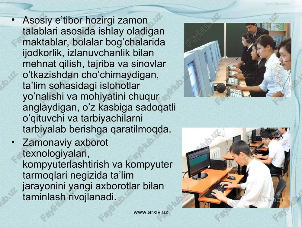 olib kirishdan iborat. www.arxiv.uz www.arxiv.uz uyaat dan ta’lim tizimida foydalanish o’qituvchiga ham, o’quvchiga ham quyidagi qulayliklarni yaratadi: zamonaviy uyaat o’quvchilarga axborotni noan’anaviy manbalariga murojaat qilish imkoniyatini ochib beradi. mustaqil ishlari samaradorligini oishardi va ijodiy faoliyat bilan shug’ullanishlari uchun keng imkoniyat beradi. uyaat qo’yilgan didaktik maqsadlarni amalga oshirish uchun o’qituvchilarga o’qitishning turli shakllaridan foydalanish imkoniyatini beradi. uyaat dan foydalanar ekan, o’qituvchi kompyuterlashtirilgan o’qitish va nazorat qilish dasturlarini o’z talabiga ko’ra o’zgartirish imkoniyatiga ega bo’ladi uyaat ni qo’llash orqali o’qituvchilar o’quvchi shaxsini rivojlantirish, ijodiy izlanish va birgalikda ishlash, o’quv dasturlarini eng maqbullarini tanlash yoki yangilarini yaratish uchun qo’shimcha imkoniyatlarga ega bo’ladi. telekommunikatsiya tarmoqlaridan foydalanishga asoslangan yaat ni qo’llash natijasida o’quvchilar o’zini axborot bilan ta’minlanganlik darajalarini oshiribgina qolmay, balki deyarli butun dunyodagi hamkasblar bilan muloqot qilishdek ajoyib imkoniyatga ega bo’ladi. www.arxiv.uz www.arxiv.uz bu vazifalarni bajarish yo’lida yaqin yillar ichida quyidagi ishlar qilinishi maqsadga muvofiqdir: kompyuterlashtirishning har ikkala tizimi ham rivojlanib boradi. buning uchun …