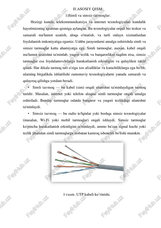 et tarmog„ining aloqa kanali uchun o„ralgan juftlik kabellaridan foydalanilgan versiyalari keng tarqaldi. shuningdek optik tolali kabellar ishlatiladigan standart ham qabul qilindi va standartlarga tegishli o’zgartirishlar kiritildi.1995 yili ethernet tarmog„ining tez ishlovchi versiyasiga standart qabul qilindi, u 100 mbit/s tezlikda ishlaydi(fastethernet deb nom berildi, ieee 802.03 u standarti), aloqa muxitida fgan juftlik yoki optik tola ishlatiladi. 1000 mbit/s tezlikda ishlaydigan versiyasi ham ishlab chiqarila boshlandi (gigabit ethernet, ieee 802.03 z standarti). 3-rasm. 802.3 standartlari turlari. iii.xulosa kompyuter tarmoqlari va ularga oid standartlar bugungi kunda global miqyosda samarali va barqaror aloqa tizimlarini yaratishda muhim rol o'ynaydi. bu standartlar qurilmalar o'rtasida o'zaro muloqot va ma'lumot almashishni ta'minlash, tezlik va samaradorlikni oshirish, shuningdek, xavfsizlikni mustahkamlashga yordam beradi. ethernet kabi keng tarqalgan tarmoq texnologiyalari va ularning rivojlanishi tarmoq infratuzilmasining yanada kengayishiga va evolyutsiyasiga imkon yaratadi. har yili yangi texnologiyalar va standartlar ishlab chiqilib, kompyuter tarmoqlarining samarali ishlashini ta'minlashga xizmat qilmoqda. shuning uchun kompyuter tarmoqlari standartlari …