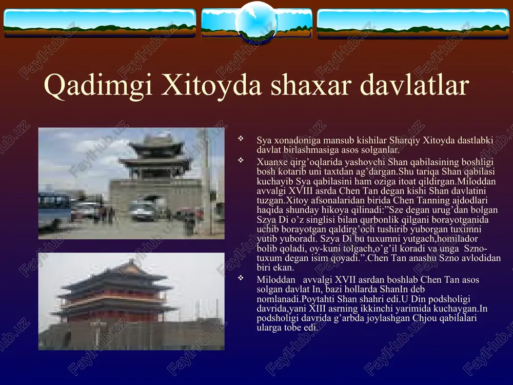qlarning diniy etiqodlari kabi xitoyliklarda han narsalarga,tabiyatga,hayvonlarga va ota-bobolar arvohiga topinish keng tarqalgan.qadimgi xitoyliklar quyosh,osmon,oy,sayora,yulduzlarni,shunindek,daryo,daraxt va tog’larni ulug’lab ularga etiqod qilganlar. qadimgi xitoy memorchiligi ham o’ziga xos bo’lib,podsho saroylari,mamuriy binolar,ibodatxonalar va istehkomlar yog’och,tosh,xom g’ishtdan qurilgan. qadimgi xitoylik ustalar zargarlik,kulolchilik,rassomchilikda shuhrat qozonganlar.ular jez va toshdan turli idishlar yasab,ularni suratini ajdaho va turli afsonaviy mahluqlar tasviri bilan bezaganlar.