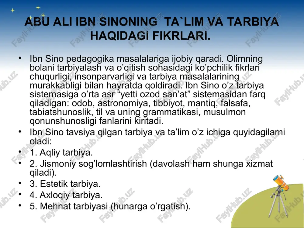 ) sharq va obro`pada ma`rifat, madaniyat taraqqiyotiga katta hissa qo`shganligi tufayli, «shayx – ur - rais» sharqda «olimlar boshlig`i», ovro`pada «olimlar podshosi» nomi bilan mashhur bo`lgan allomalardan biri o`rta asr buyuk mutafakkiri abu ali ibn sinodir. ibn sino ham boshqa zamondosh qomusiy olimlar qatori matematika, astronomiya, fizika, kimyo, biologiya, tibbiyot, dorishunoslik, ruhshunoslik, fiziologiya, falsafa, filologiya, ta`lim – tarbiya sohalarida ijod etgan va dunyoga mashhur yirik asarlar meros qoldirgan olim. abu ali ibn sino 980 yilda buxoro yaqinidagi afshona qishlog`ida kichik amaldor oilasida tug`iladi. uning to`la ismi abu ali al-husayn ibn abdulloh ibn al-hasan ibn ali ibn sinodir. abu ali uning kuniyasidir. oti husan, otasining ismi abdulloh edi. keyinroq uning oilasi buxoroga ko`chib o`tgach, u boshlang`ich maktabda o`qiy boshlaydi. ibn sinoning mutolasi zo`r, mehnatsevar edi. undagi tug`ma qobiliyat, o`tkir zehn, kuchli xotira o`zaro birikib ketgan edi. ibn sinoning otasi abdulloh hamda uning do`stlari bilimdon kishilar bo`lib, ularning ilmiy munozaralari o`tadigan oilaviy …