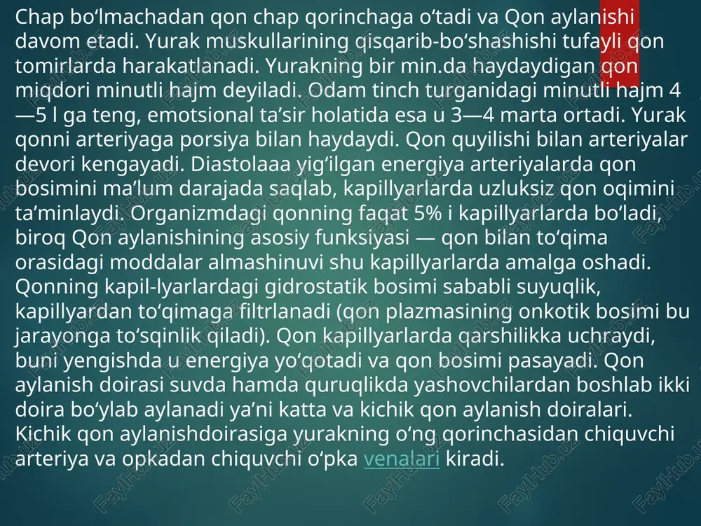 tarmoqqa bo`lingan bo`lib, qon shu tarmoqlar bo`ylab o`pkalarga tomon yo`naladi. * katta qon aylanish doirasi - yurakning chap qorinchasi qisqarib, arterial qonni aortaga - tanadagi eng yirik arteriyaga haydaydi. aortadagi tanadagi barcha organlarni , yurakning o`zini ham , qon bilan ta'minlaydigan arteriyalar tarmoqlanib chiqadi. har qaysi organda arteriyalar asta- sekin tarmoqlanib, mayda arteriyalar va kapillyarlarning qalin to`rini hosil qiladi.katta qon aylanish katta qon aylanish doirasining kapillyarlaridan tananing barcha to`qimalariga kislorod va oziq moddalar o`tadi, hujayralardan esa kapillyarlarga karbonat angidrid gazi o`tadi.bunda arterial qon venoz qonga aylanadi. kapillyarlardan dastlab mayda , keyin ancha yirik venalarga birlashadi.ulardagi butun qon ikkita yirik kovak venaga quyiladi. yuqori kovak vena orqali bosh, bo`yin , qo`llardan, pastki kovak vena orqali tananing boshqa barcha qismlaridan yurakka qon oqib keladi. har ikkala kovak vena ham yurakning o`ng bo`lmasiga kelib quyiladi. qonning o`ng qorinchadan chiqib, tananing barcha organlaridagi arteriyalar , kapillyarlar va venalar bo`ylab oqib, yurakning o`ng bo`lmasiga kelib …