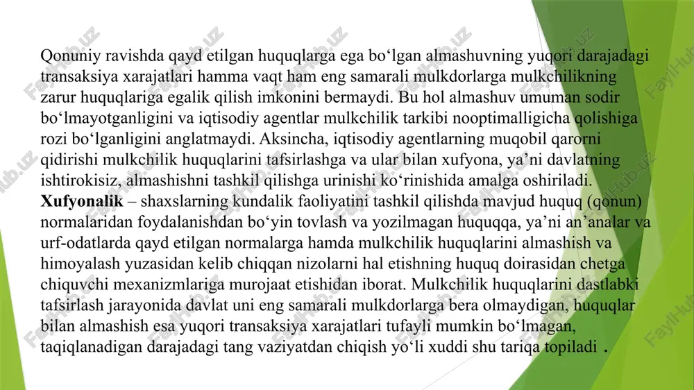 hisoblanadi. ushbu mezondan tasniflash tizimi uchun asos sifatida foydalangan holda, e. fayg xufyona iqtisodiy harakatlarning to‘rt xilini ajratadi: nolegal (maxfiy, yashirincha), hisobga olinmagan, ro‘yxatga olinmagan va norasmiy iqtisodiy faoliyat. 1. nolegal iqtisodiyot. nolegal iqtisodiyot tijoratning qonuniy shakllari sohasini belgilab beruvchi, yuridik normativlarni buzuvchi iqtisodiy faoliyat tomonidan ishlab topilgan daromadning sinonimi sifatida ishtirok etadi. nolegal tadbirkorlar taqiqlangan tovarlar va xizmatlarni ishlab chiqarishda va ularni taqsimlashda ishtirok etadi (giyohvondlik moddalarini noqonuniy ishlab chiqarish, chayqovchilar tomonidan valyuta ayirboshlanishi va h.k.). bunday taqiqlangan iqtisodiy harakatlar, qonunni chetlab o‘tgan holda, foydali daromad manbai hisoblanadi. shuningdek, siyosiy, iqtisodiy va yuridik muassasalar barqarorligiga putur yetkazishga xizmat qiladi. 2. hisobga olinmagan iqtisodiyot. hisobga olinmagan iqtisodiyot institutsional jihatdan o‘rnatilgan, soliq kodeksida qayd etilgan fiskal qoidalarni chetlab o‘tuvchi yoki ulardan bo‘yin tovlovchi iqtisodiy faoliyatni o‘z ichiga oladi. hisobga olinmagan iqtisodiyotdan olingan daromadlar soliq organlariga xabar qilinmaydi. bunda “soliq bo‘shlig‘i” – soliq tushumlarini nazarda tutuvchi summa bilan amalda olingan daromad o‘rtasidagi …