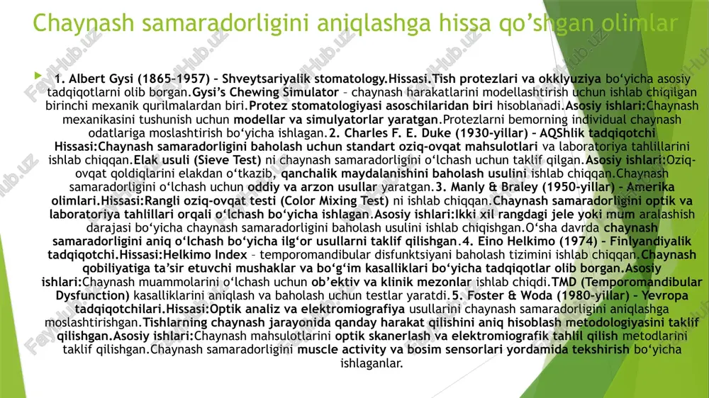 shi va karies agar tishlar noto‘g‘ri bosim bilan yopilsa, emal qavati tezroq yemiriladi.bu karies va tish sezuvchanligini oshiradi.4️.chaynash muammolari noto‘g‘ri artikulyatsiya ovqatni yaxshilab chaynashga xalaqit beradi.bu esa oshqozon-ichak muammolariga sabab bo‘lishi mumkin.4. artikulyatsiyani tekshirish va to‘g‘rilash usullari1️.artikulyatsiya qog‘ozi bilan tekshirish stomatolog artikulyatsiya qog‘ozini tishlar orasiga joylashtirib, qanday bosim tushayotganini tekshiradi.agar ba’zi joylarga ortiqcha bosim tushsa, ular silliqlanadi yoki protez sozlanadi.2️.artikulyator qurilmasi yordamida tekshirish artikulyator – bu stomatologiyada ishlatiladigan maxsus qurilma bo‘lib, u tishlarning harakatlanishini taqlid qiladi.bu usul protezlar, qoplamalar (kronalar) va implantlarni tayyorlash uchun ishlatiladi.3️.tish protezlari yoki plomba o‘zgartirilishi agar tish protezlari yoki plomba noto‘g‘ri artikulyatsiyaga sabab bo‘lsa, ularni to‘g‘rilash yoki almashtirish kerak bo‘ladi.4️.ortodontik davolash agar tishlarning joylashuvi noto‘g‘ri bo‘lsa, breketlar yoki ortodontik apparatlar yordamida artikulyatsiya tuzatiladi.5. artikulyatsiyani yaxshilash usullari tishlarni muntazam tekshirtirish – stomatolog har 6 oyda artikulyatsiyani tekshirishi kerak. 🦷 chaynash odatlariga e’tibor berish – faqat bitta tomonda chaynash noto‘g‘ri artikulyatsiyaga olib kelishi mumkin. 🦷 ortodontik muolajalar qilish …