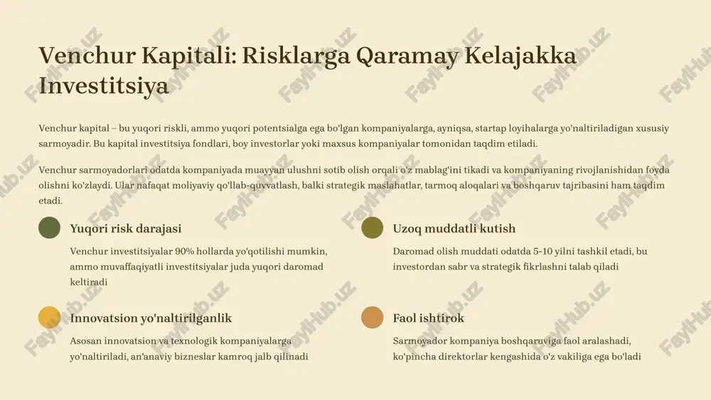 hiradi yuqori daromad potentsiali kompaniyani qayta sotish yoki ipo orqali sezilarli foyda olish imkoniyati mavjud 7 xususiy kapital investitsiyalarining turlari xususiy kapital investitsiyalari turli shakllarda amalga oshiriladi. investitsiya turi kompaniyaning rivojlanish bosqichiga, ehtiyojlariga va investorning strategiyasiga qarab tanlanadi. har bir tur o'ziga xos risk darajasi, daromad potentsiali va kompaniya faoliyatiga ta'sir darajasiga ega. buyout kompaniyaning to'liq yoki ko'p qismini sotib olish. bunda investor kompaniya nazoratini qo'lga oladi va uni qayta tashkil etish, samaradorligini oshirish va qiymatini ko'paytirish uchun faol ishtirok etadi. growth capital barqaror rivojlanayotgan kompaniyaning kengayishini moliyalashtirish. bu holda investor ko'pincha minoritar ulushga ega bo'ladi va kompaniyani yangi bozorlarga kirish, yangi mahsulotlarni ishlab chiqish yoki ishlab chiqarish quvvatlarini kengaytirishda qo'llab-quvvatlaydi. mezzanine financing qarz va aksiyalarning kombinatsiyasi bo'lib, risk va daromad o'rtasidagi balansni ta'minlaydi. investor kompaniyaga qarz beradi, lekin aksiyalarga aylantirilishi mumkin bo'lgan varrantlarga ham ega bo'ladi. bu investitsiya shakli odatda katta bitimlarni moliyalashtirishda qo'shimcha kapital sifatida ishlatiladi. distressed investing …