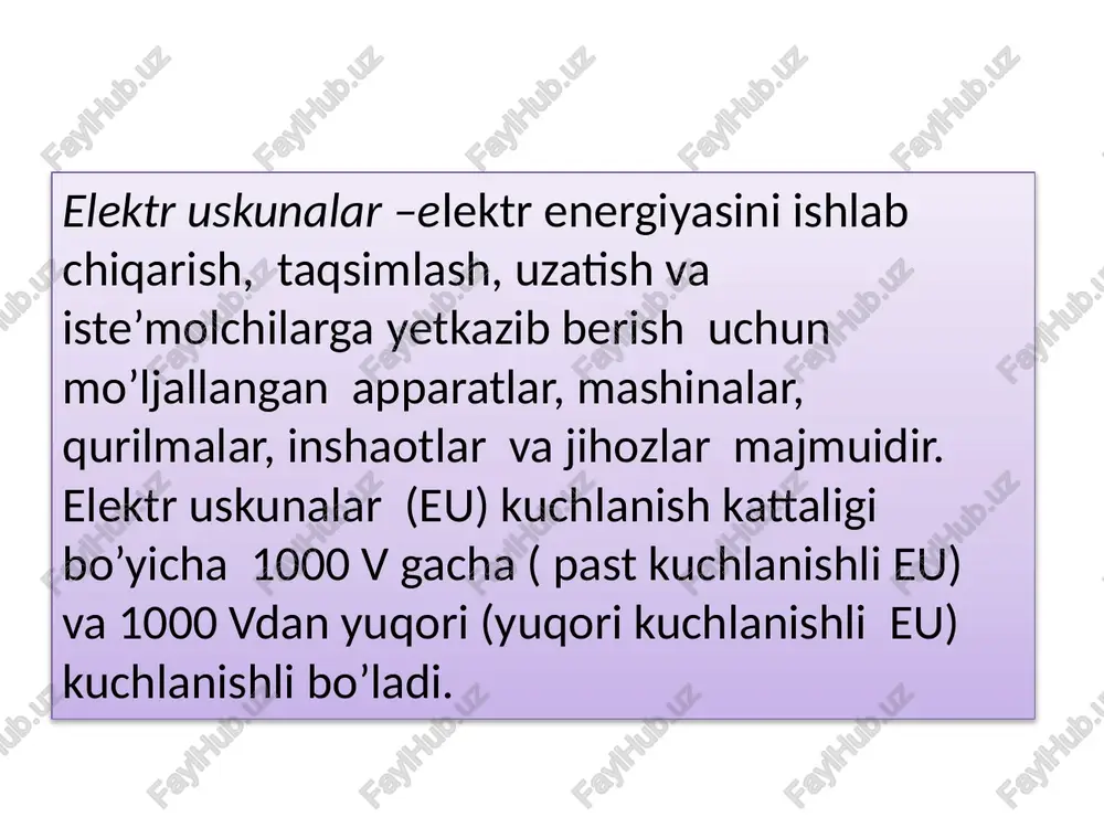 ktr ta’minoti sistemasi» elektr tarmoq tushunchasidan ko’ra kengroq ma’noga ega. bu tushuncha iste’molchilarni elektr energiyasi bilan ta’minlovchi barcha elektr uskunalarni o’z ichiga oladi. elektroenergetik (elektr) sistema (ees) – elektr stantsiyalarning elektr qismini, elektr tarmoqlarni (elektr uzatish liniyalari), elektr energiyasi iste’molchilari, hamda elektr energiyasini ishlab chiqarish, masofaga uzatish taqsimlash va iste’mol qilish jarayonlarining uzluksizligi ta’minlovchi qurilmalar majmuidir. energetik sistema (energosistema) – elektr va issiqlik energiyasini ishlab chiqarish, masofaga uzatish, taqsimlash va iste’mol qilish uchunishlab turadigan elektrostantsiyalar, elektr va issiqlik tarmoqlari birlashmasidir. 1-rasm. elektr va issiqlik energiyasini ishlab chiqarish, uzatish, taqsimlash va iste’molini ta’minlovchi ob’ektlarning o’zaro bog’liqligi. 2. tarmoqlarning kengayishi. yagona energosistemaning afzalliklari va kamchiliklari. yuqori kuchlanishli elektr uzatish tarmoqlari qatta quvvatlarni masofaga uzatish uchun ishlatiladi. uzoq masofalarga (100 km dan ortiq) elektr energiyasini uzatishda 110, 220, 330, 500 kv kuchlanishlar qo’llaniladi. bunday elektr uzatish tarmoqlari magistral tarmoqlar deyiladi 6, 10, 35, 110 kv kuchlanishli elektr uzatish tarmoqlari elektr energiyasini taqsimlash uchun …