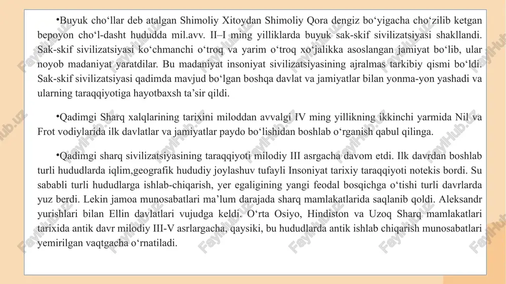 ls va hozirgi kunda s. xendriks va s. saydlmayer kabilaming mehnati kattadir. qadimgi misr adabiyotida ipuser yozma bitiklari misrda bo‘lib o‘tgan qo‘zg‘olonlar haqida ma’lumot beradi. “aka-uka haqida ertak”, “marhumlar kitobi”, “ajal shahzodasi” kabilarda qadimgi misr dini va adabiyotiga oid ma’lumotlar uchraydi. ikki daryo oralig‘i (mesopotamiya) manbashunosligi va tarixshunosligi ham xix asr ikkinchi yarmida ilk bor o‘rganila boshlandi. yozma manbalar asosan sopol taxtachalarda bitilgan bo‘lib, mixxat yozuvining yorqin xususiyatlarini o‘zida aks etgan. shu bilan birgalikda “shulgi qonunlari” va “xammurapi qonunlari” yozib qoldirilgan bo‘lib, ulaming aksariyati bazalt toshga mixxat yozuvida bitilgan. shumer-akkad hukmdorlar ro‘yxati e’tiborga sazovordir. limmu berrouz ma’lumotlari qadimgi mesopotamiya tarixshunosligida muhim ahamiyatga ega. kichik osiyo tarixi manbashunosligi xix asr ikkinchi yarmida o‘rganilib, 1870-yildan boshlab e ’tibor qozona boshladi. arxeologik izlanishlarda olimlar xett sivilizatsiyasi bilan ilk bor tanishishgan. chatal guyuk, troya kabi mashhur manzilgohlar g. shliman, d. mellard, b. grozniylar tomonidan o'rganilgan. 2. qadimgi mesopotamiya tarixi manbashunosligi. shimoliy mesopotamiya va suriyaning …