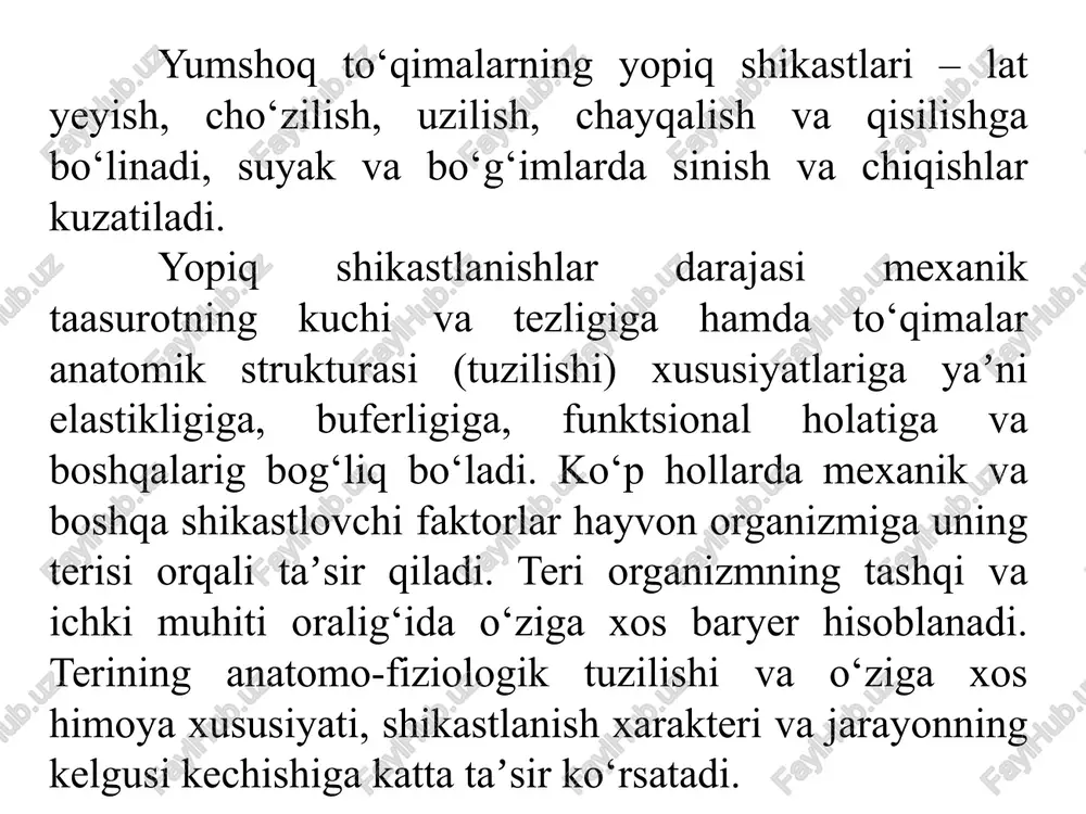 lyatsiya boshlanib, uzilgan limfa tomirlarning teshiklari yopiladi, tromboz hosil bo‘ladi. operatsiya o‘tkazish texnikasi – operatsiya maydoni tayyorlangandan so‘ng, terining shikastlangan qismi (tomirlar uzilgan) vertikal yo‘nalishda 5-10 sm kesiladi. pastidan suyuqlik to‘plangan joydan yana shu usulda kesiladi, suyuqlik oqizilib yuboriladi, fibrin laxtasi olib tashlanadi. bo‘shliqni antiseptik eritma bilan yuvib, yuqoriga kesilgan joyidan 5-10% li yodning spirtdagi eritmasi, to‘yingan kaliy permanganat eritmasida yoki olivkovning spirt-formalinli eritmasiga (spirt 96-1000) formalin – 1,0, yod -1, marli botirilib, jarohatga to‘liq yozib qo‘yiladi. jarohatni tikmasdan ustidan yodoformli salfetka bilan yopib, bandaj yoki bog‘lam qo‘yiladi. doka ikki kundan keyin olib tashlanadi. limfa oqishi to‘xtamasa muolaja yana takrorlanadi. kichik limfoekstravazatlarda bir joyidan kesib, bo‘shliq ichi salfetka bilan quritilib, margantsovka va borat kislotasi 1:10-20 kukunlarini sepib, tikiladi va qisuvchi antiseptik bog‘lam qo‘yiladi. klinik tuzalish jarayoni yangi boshlangan bo‘lsa 10-15 kunda, kechikkan hollarda 18-22 kundan keyin tuzaladi. limfa oqishi operatsiya qilingach, 5 kundan keyin to‘xtaydi. limfoekstravazat diagnostikasi va davolash image1.jpeg …