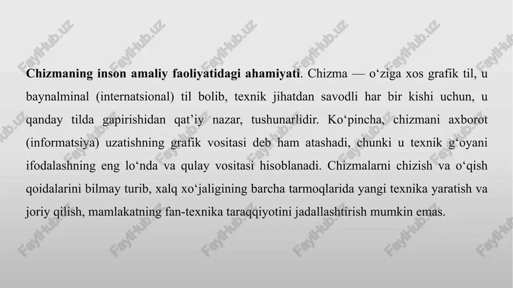 masalalarning maqsadi. talabada ijodiy yondashuvni shakllantirish. murakkab grafik vazifalarni turlicha usullarda hal qila olish qobiliyatini rivojlantirish. texnik estetika va dizaynga qiziqishni oshirish. zamonaviy grafik dasturlar (masalan, autocad, solidworks) yordamida mustaqil loyihalar ishlab chiqish. ijodiy masalalarning turlari. variantli yechimlar masalalari. – bitta detal yoki figura turli usullar bilan chizilishi kerak (masalan, turli proyeksiyalarda). to‘ldirish masalalari. – berilgan chizmada yetishmayotgan qismlarni topish va to‘ldirish. transformatsion masalalar. – bir shaklni boshqasiga o‘zgartirish (kesishmalar, kesmalar, aylanma jismlar). ijodiy loyihalash masalalari. – oddiy buyum yoki mexanizmni mustaqil chizib chiqish (masalan, stul loyihasi, oddiy mexanik moslama). dizayn va bezak masalalari. – geometrik shakllardan bezak kompozitsiya tuzish, logo yoki texnik dizayn loyihasi yaratish. o‘quv jarayonida ahamiyati o’quvchilarni o‘z ishiga ijodiy yondashishni o‘rganadi. standart topshiriqlardan tashqariga chiqish imkoniyati bo‘ladi. mustaqil va guruh bo‘lib ishlashni rivojlantiradi. keyinchalik dizayn, arxitektura va muhandislik loyihalarida qo‘l keladi. ijodiy masalalar bo‘yicha mashqlar to‘plami. 1-mashq. geometrik jismlardan buyum yaratish. berilgan geometrik shakllardan (kub, silindr, …
