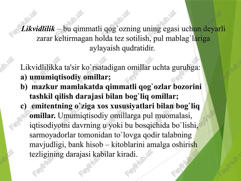 q oldi sotdi obyekti boʻlishi mumkin; – korporativ tuzilma tugatilishida mulk qismidan ulush olish huquqi. kompaniyaning tugatilishi – bu komaniya oʻz faoliyatini toʻxtatishi, barcha kreditorlar bilan qarzdorliklarni hisob kitob qilishi, qolgan mulkni aksiyadorlar oʻrtasida taqsimlashi va boshqalar. imtiyozli aksiyalar aksiyadorlik jamiyati oddiy aksiyalar emissiyasi bilan birga imtiyozli aksiyalarni ham chiqarishi mumkin. imtiyozli aksiyalar miqdori jamiyat ustav kapitali hajmida 20 % miqdoridan oshmagan holda chiqariladi. aksiyalarning imtiyozli aksiyalar deb nomlanishi imtiyozli aksiya egalari oddiy aksiya egalariga nisbatan bir qancha imtiyozli huquqlarga ega boʻlishi munosabati bilan ifodalanadi. har bir aksiya turi uchun imtiyozli huquqlar jamiyat ustavida belgilanadi. imtiyozli aksiyalarga bunday huquqlar berish taqdimotini imtiyozli aksiya egalari ovoz berish huquqiga ega emasliklari va buning uchun imtiyozli aksiya egalariga qandaydir kompensatsiya tariqasida koʻrish mumkin. imtiyozli aksiyalar aksiyadorlar – imtiyozli aksiya egalari aksiyadorlik jamiyatining aksiyadorlar umumiy yigʻilishlarida ovoz berish huquqiga ega emas. jamiyat imtiyozli aksiyalari oʻz egalariga bir xil huquqlar hajmini beradi va bir xil …